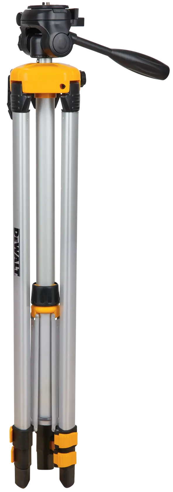 A folded DEWALT photography tripod with silver legs, black and yellow accents, and a black adjustable handle at the top.