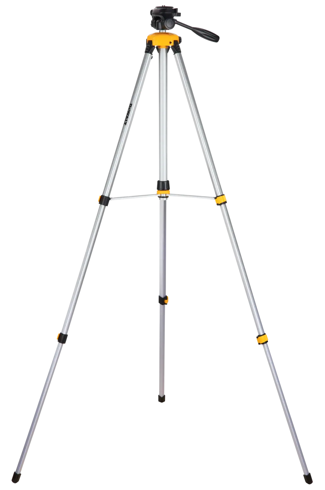 A DEWALT DW0881T aluminum tripod with three adjustable legs, black and yellow accents, and a pan handle, designed for cameras or laser levels.