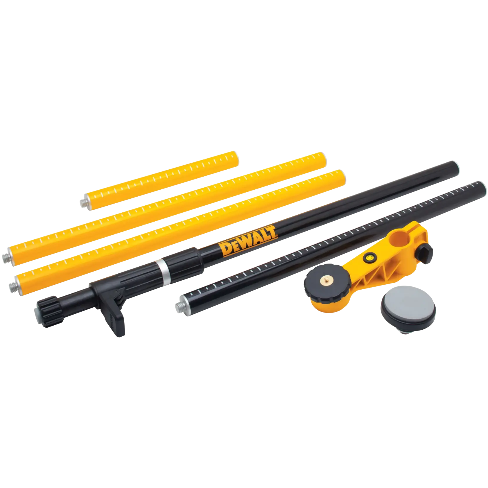 DEWALT DW0882 photography accessory kit including several yellow and black extension rods, a mounting bracket, and a base component, designed for use with laser levels.