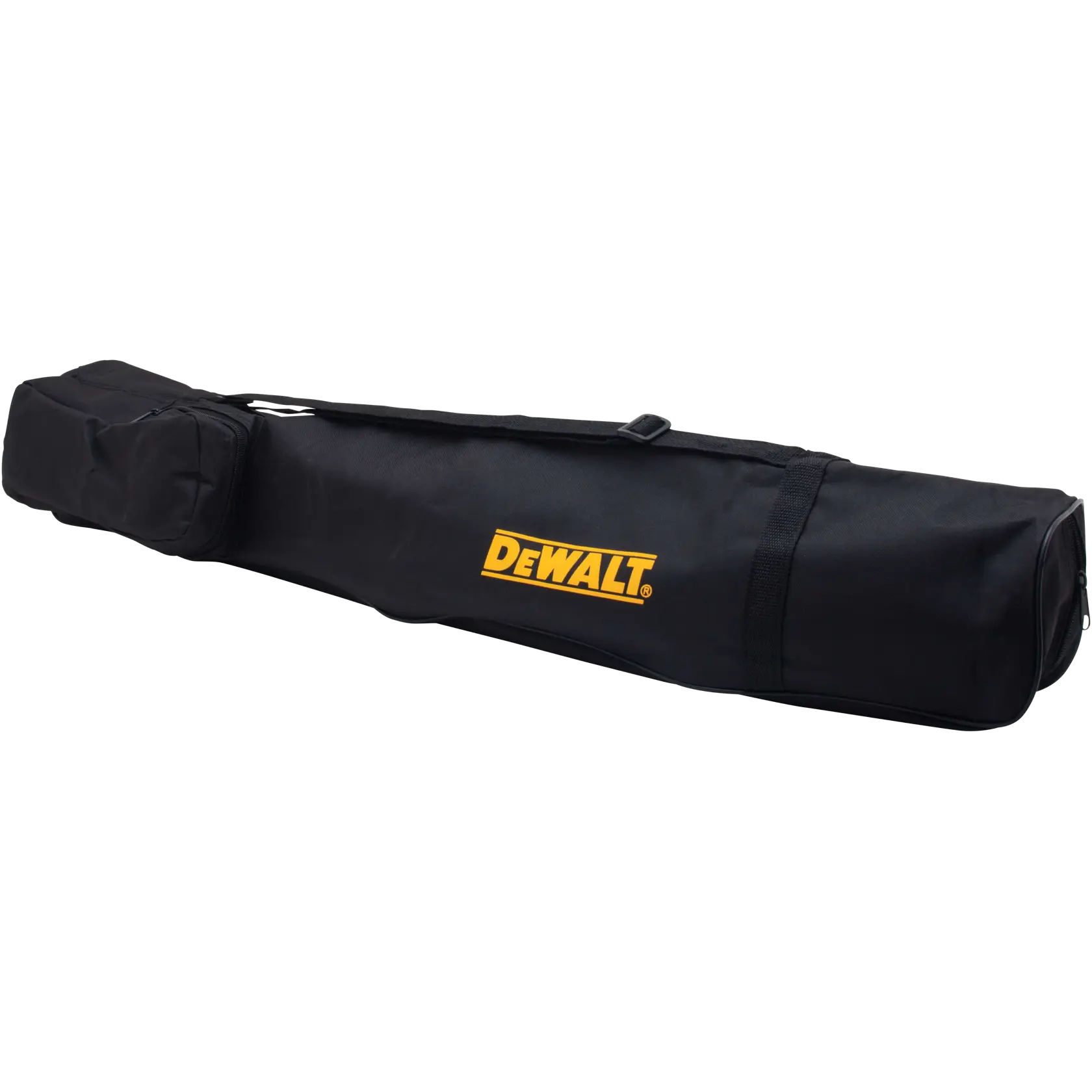 A black DEWALT branded carrying bag, designed for holding and transporting equipment, shown with a zippered compartment and shoulder strap.