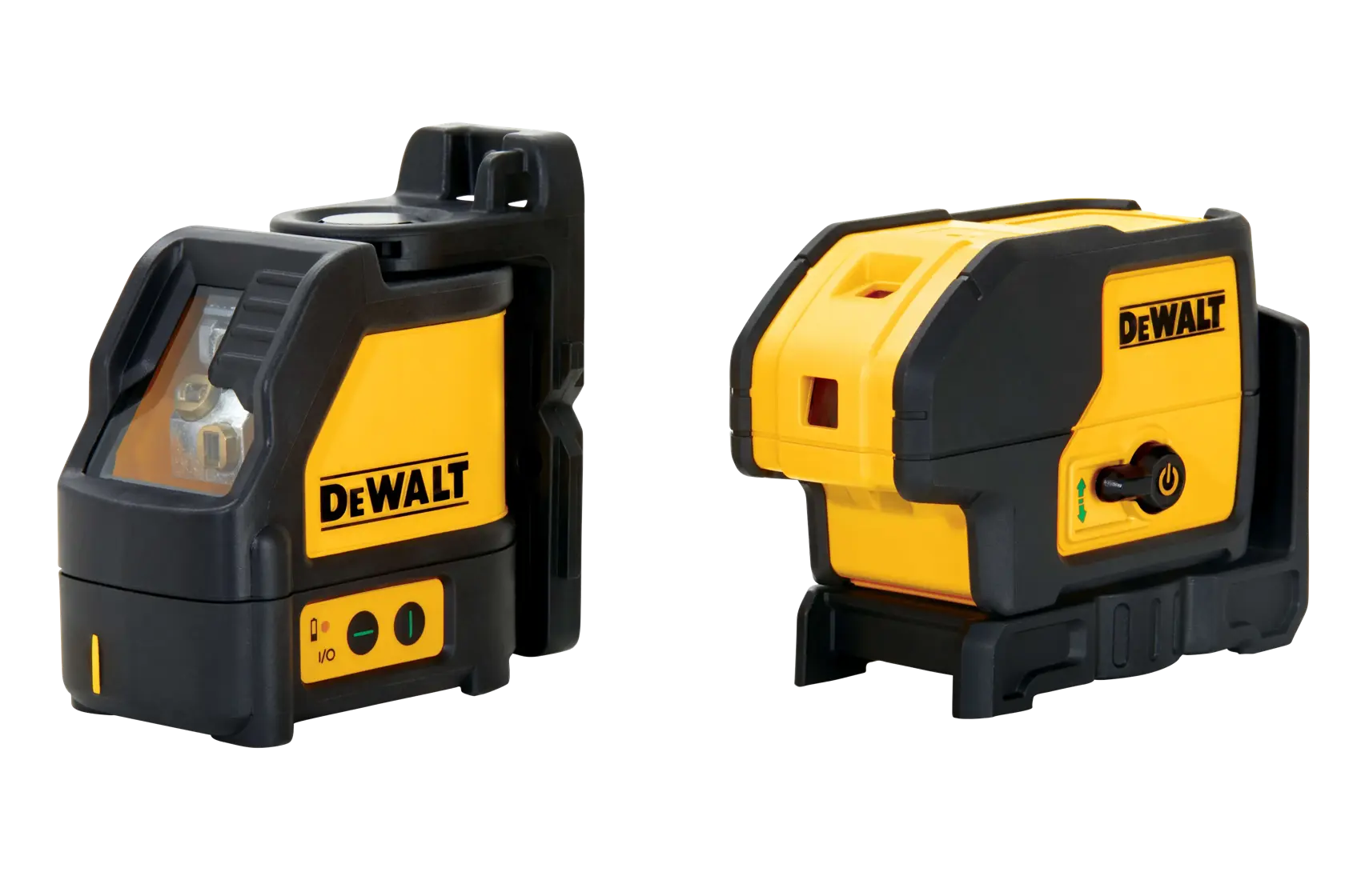 Two DEWALT-branded laser levels, both yellow and black in color, are shown side by side. Each device is designed for precise leveling and alignment in photography or construction, featuring compact and durable housings.
