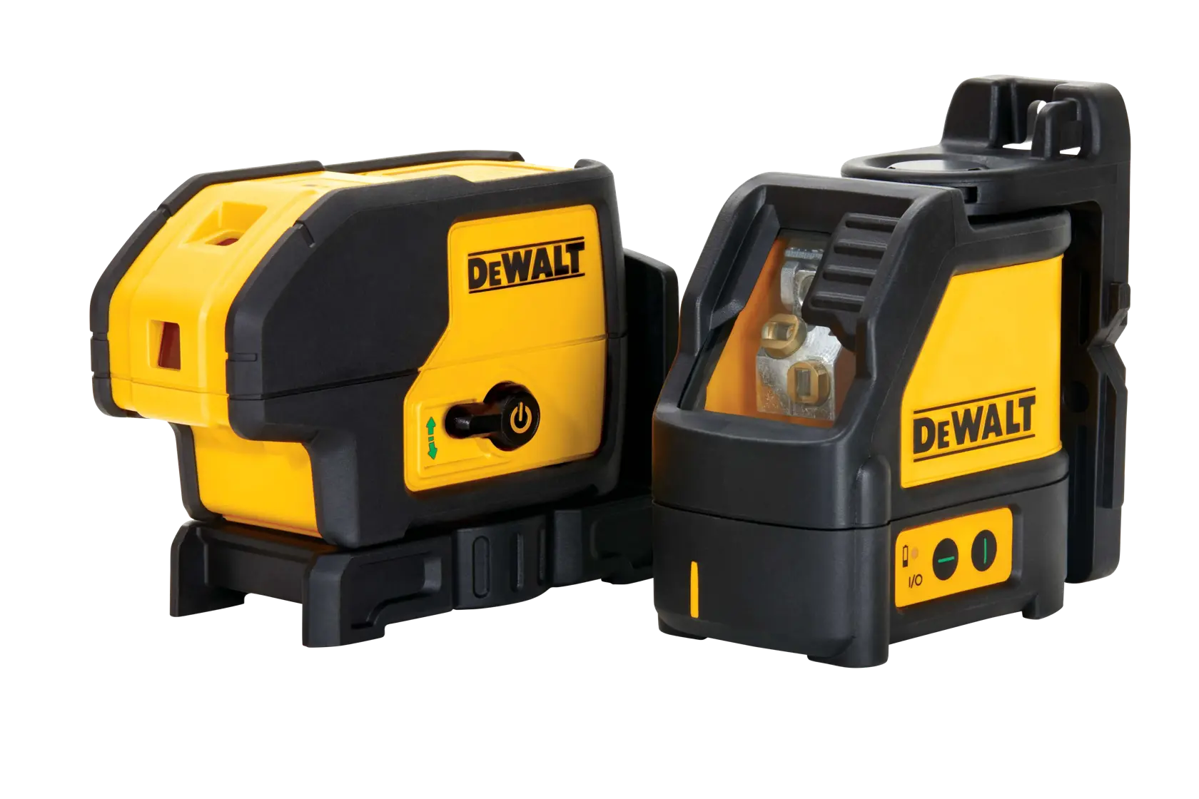Two DEWALT-branded laser levels for photography, shown side by side, with yellow and black casing, control buttons, and integrated mounting brackets.