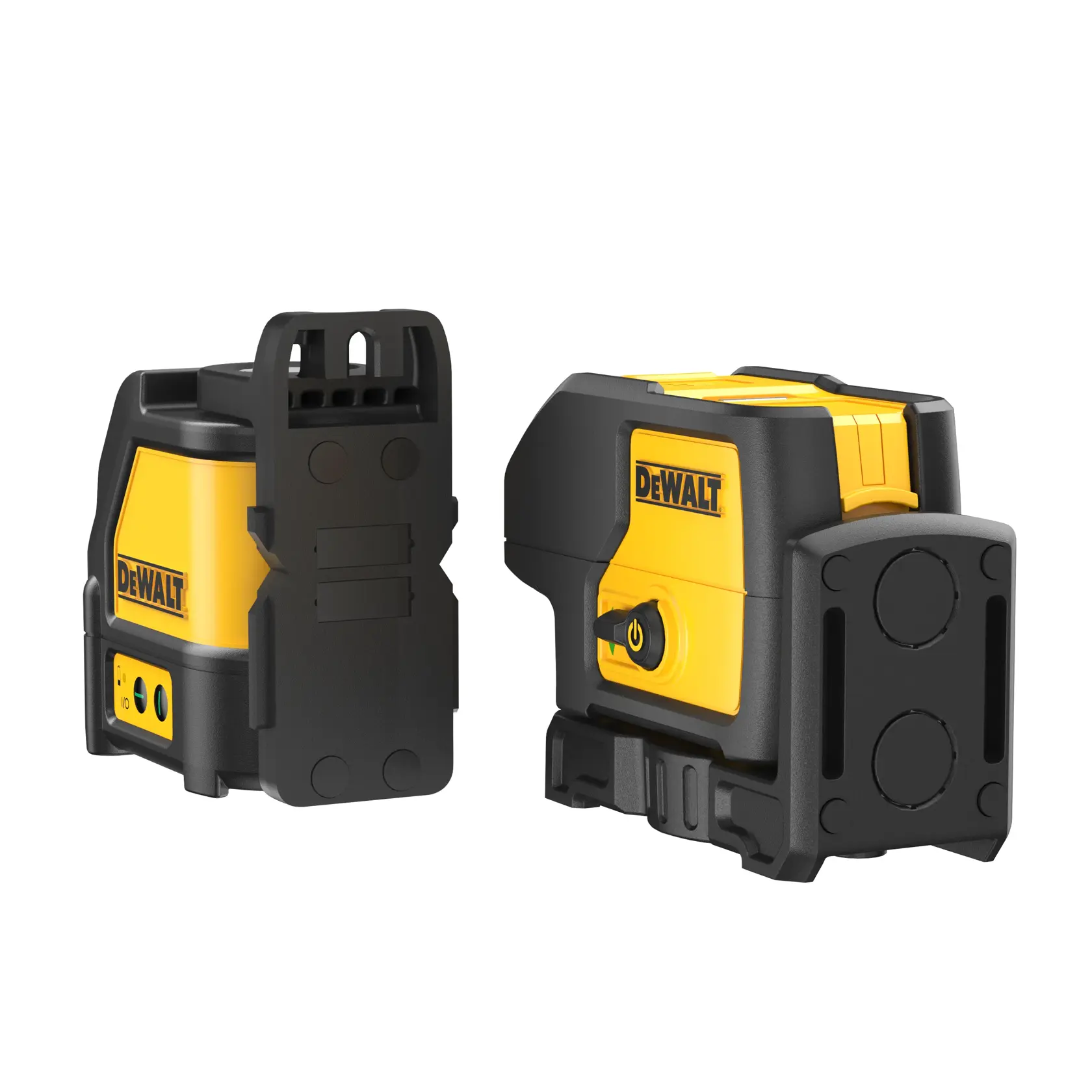 Two yellow and black DEWALT laser levels are shown. One device has a visible control panel and the other features a prominent power button, both designed for precise leveling in photography or construction applications.