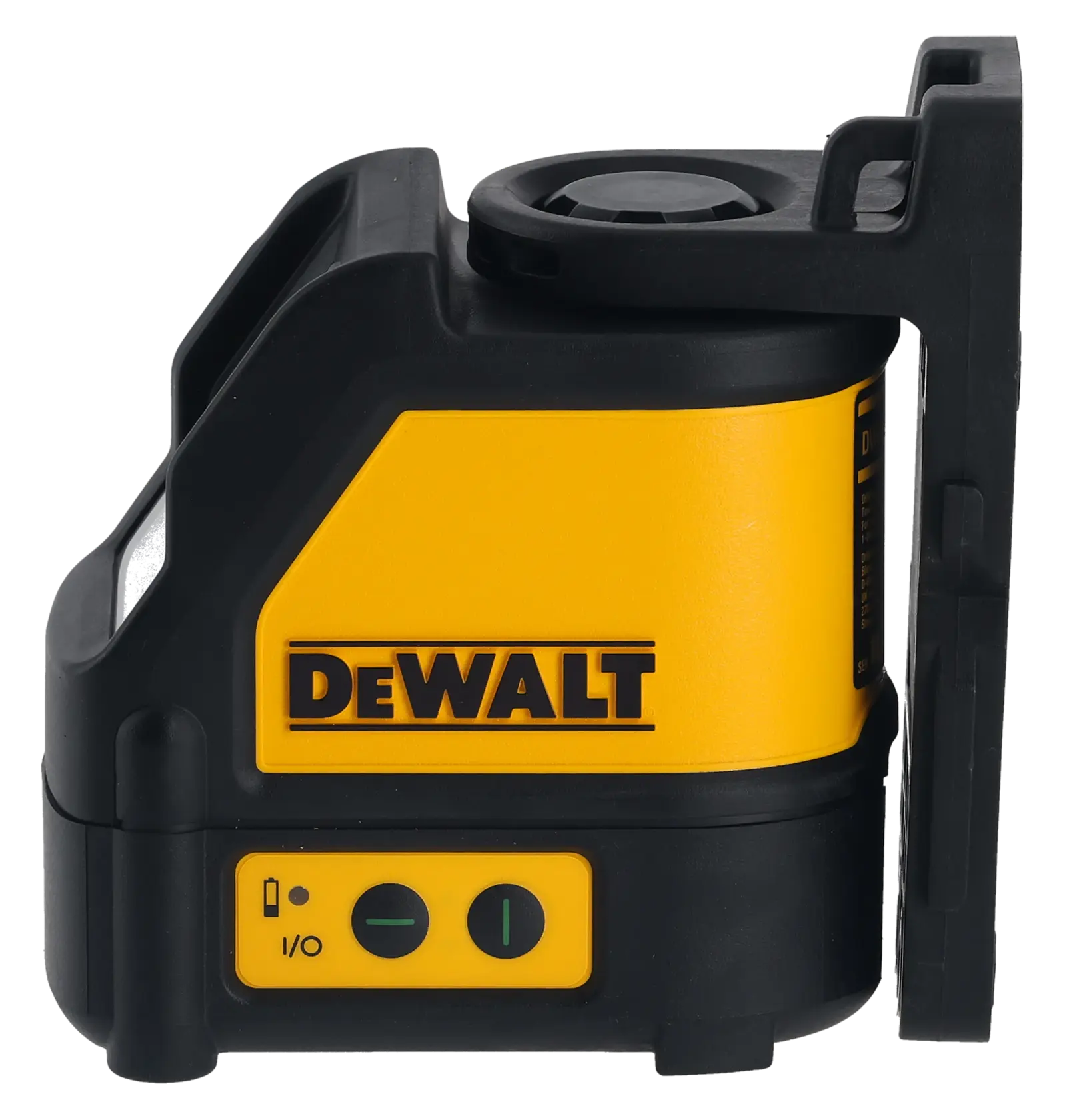 DEWALT DW088CG green cross line laser level with yellow and black casing, side view, power buttons visible.
