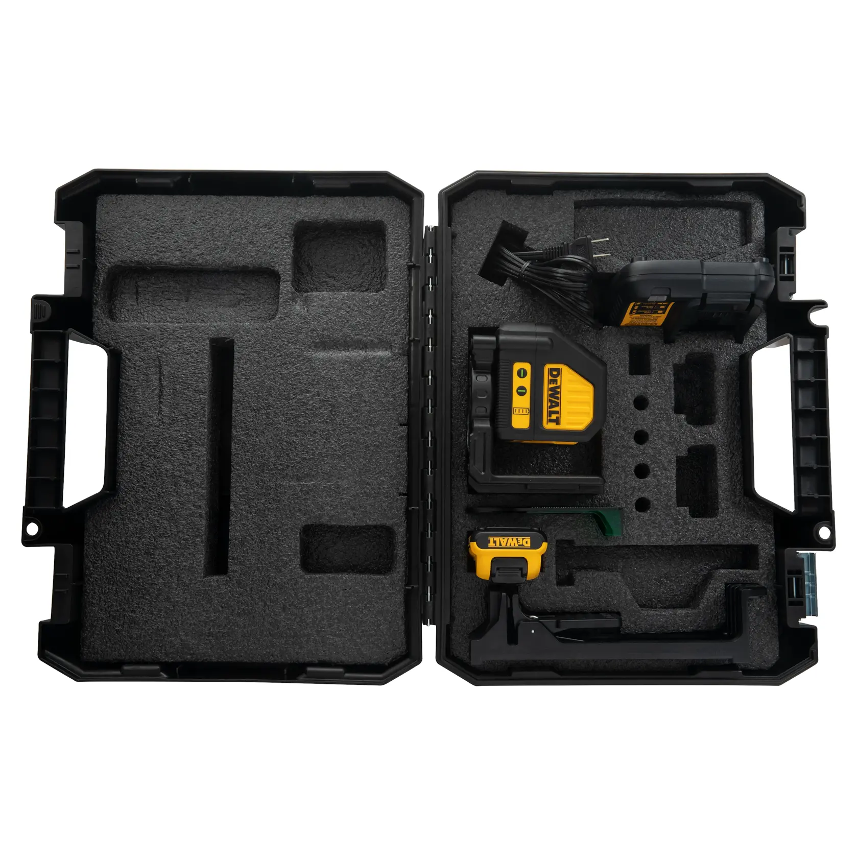 A black hard carrying case containing a DEWALT green laser level kit with foam inserts holding the laser level, charger, power adapter, and accessories.