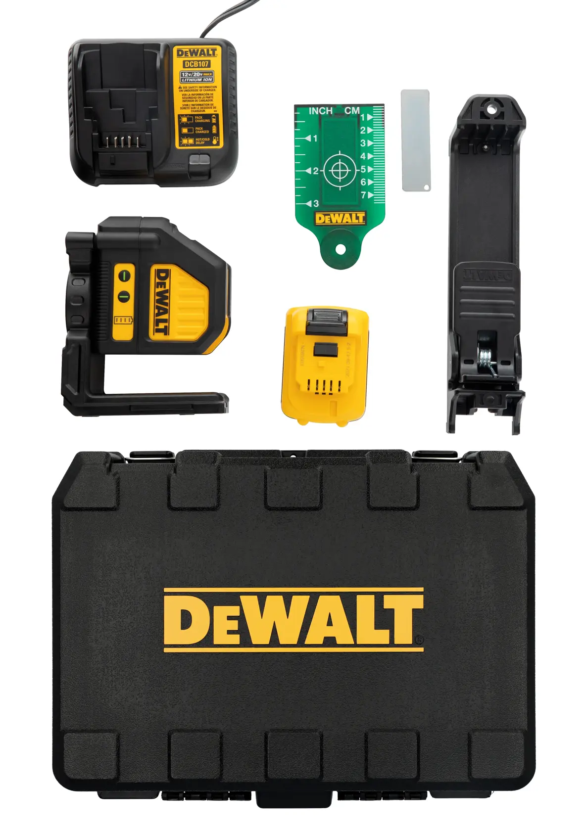 DEWALT DW088LG green cross line laser level kit with accessories, including battery charger, battery, green target card, mounting bracket, and protective hard case, all displayed on a white background.