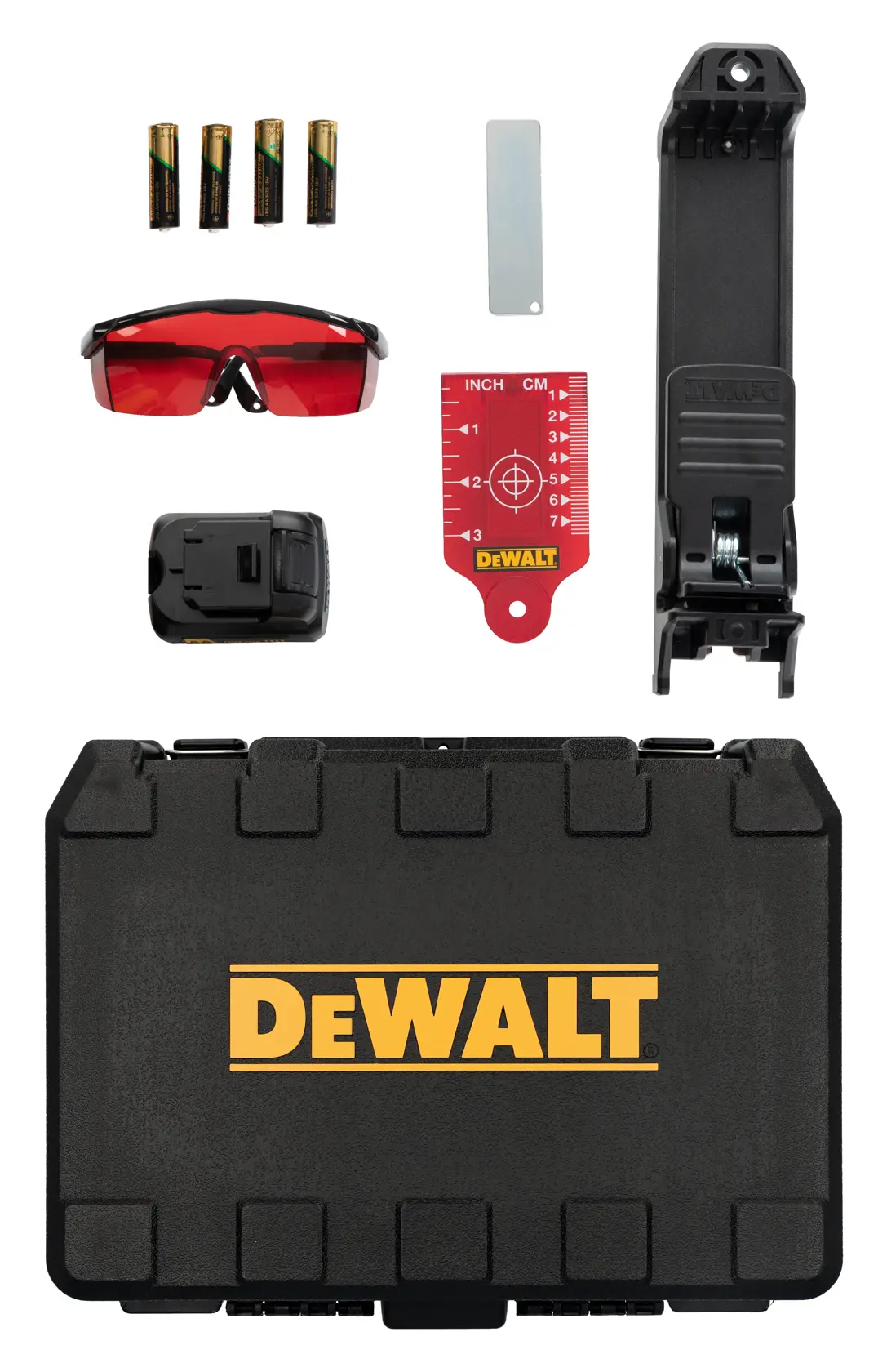 DEWALT laser level kit with accessories including a black carrying case, red laser enhancement glasses, batteries, a laser target, a wall mount bracket, and a small metal plate.