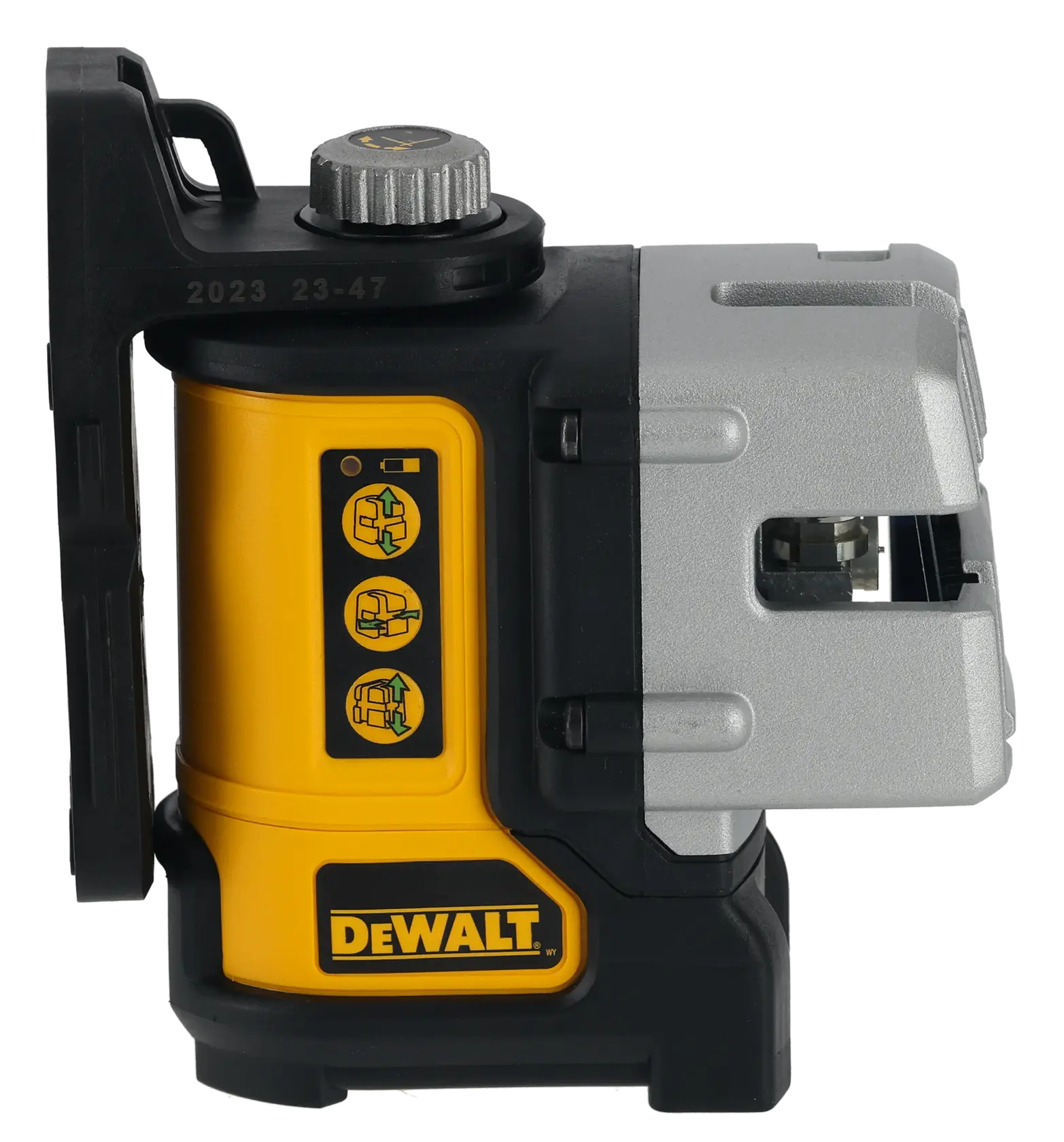 DEWALT DW089CG green beam laser level device, side view with control panel visible.