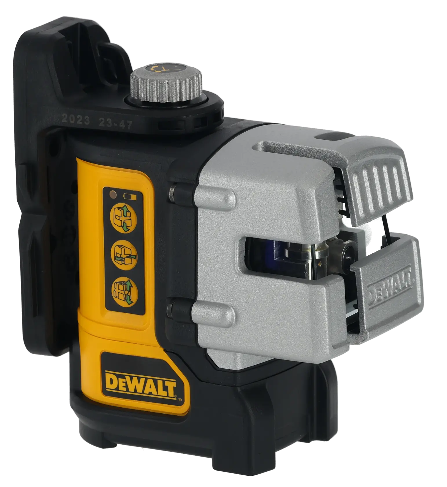 DEWALT DW089CG green cross line laser with black and yellow housing, used for leveling in photography or construction.