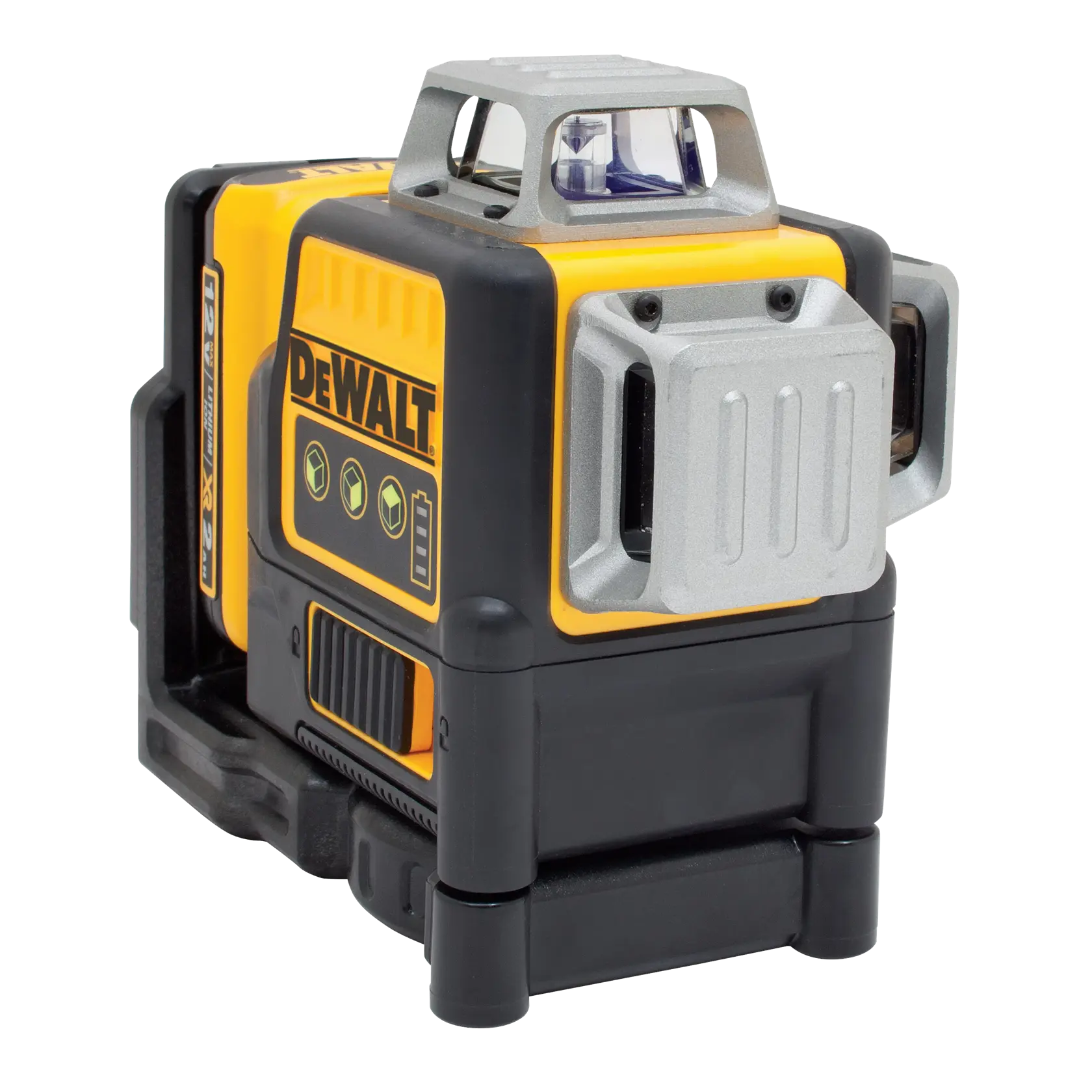 A DEWALT branded green cross line laser level tool, model DW089LG, with a robust yellow and black body and metallic components, designed for accurate leveling and alignment in construction or photography applications.