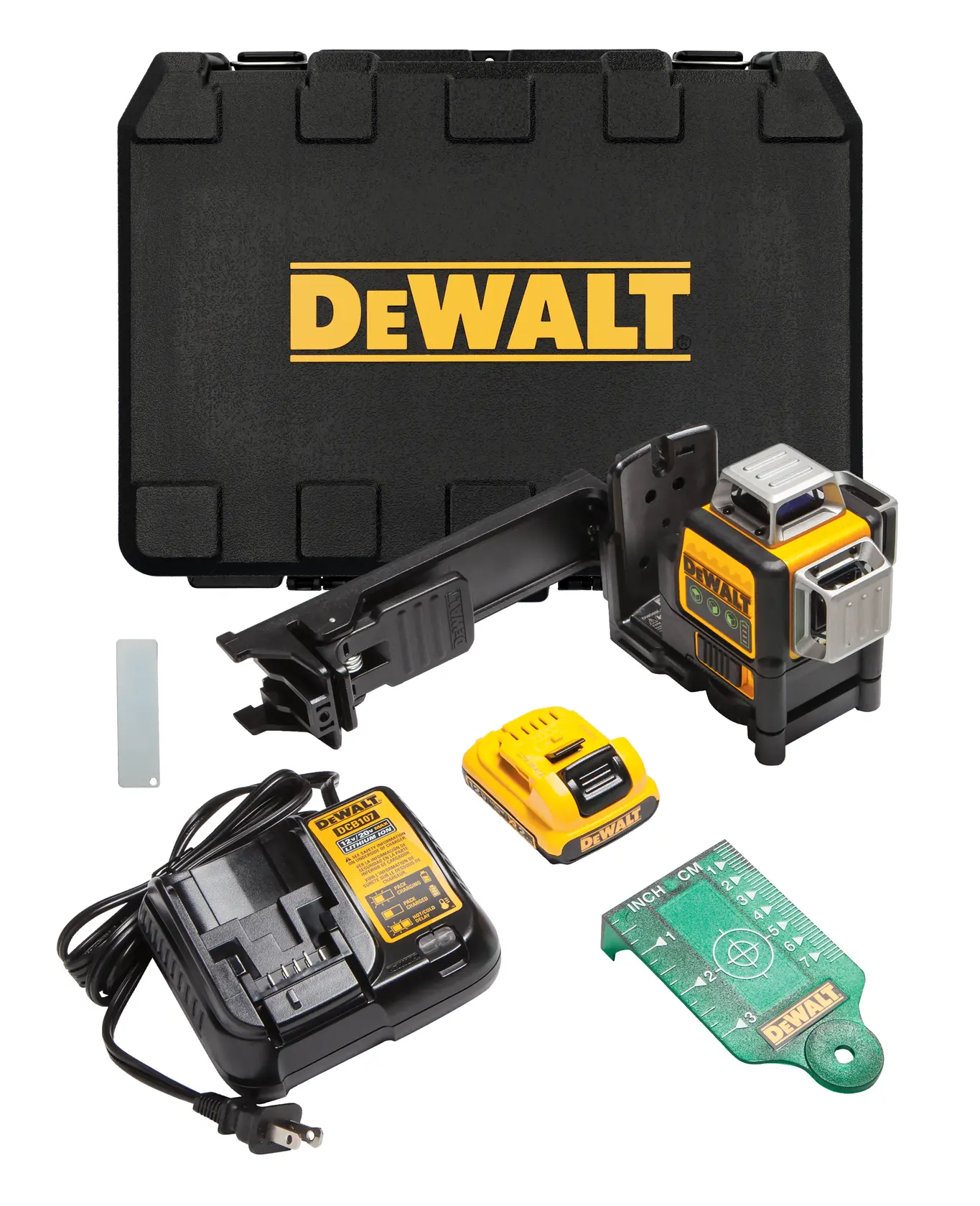 A DEWALT laser level kit including a laser level device, mounting bracket, battery, charger, green target card, metal plate, and a black carrying case with DEWALT logo.