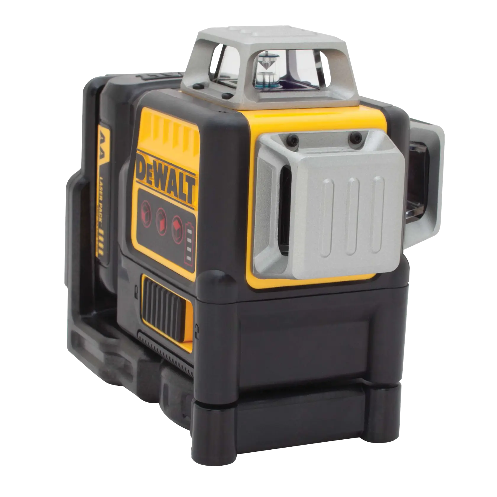 A DEWALT DW089LR laser level device with a compact, rugged black and yellow design and multiple controls, used for precise alignment in photography and construction.
