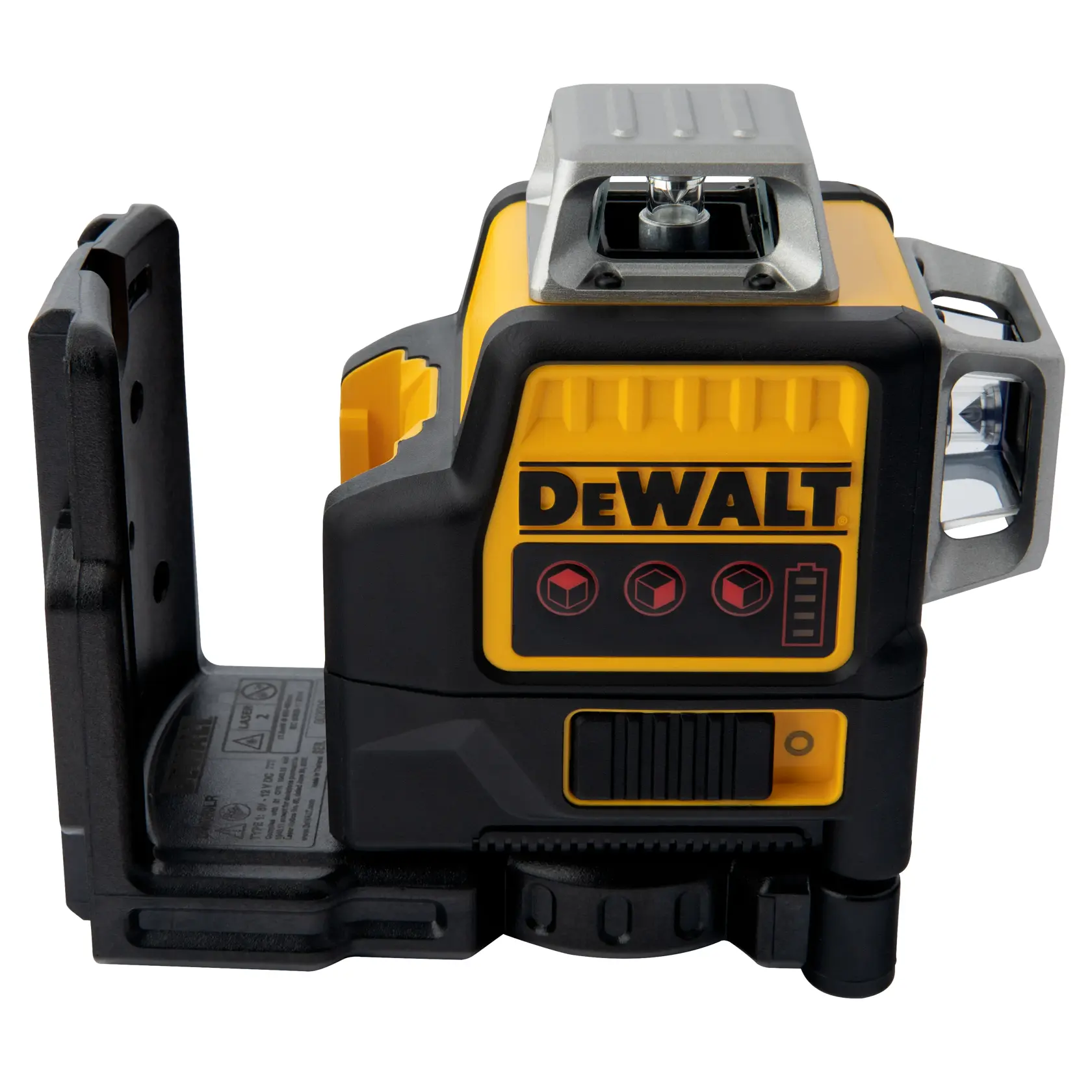 A DEWALT branded laser level tool with a yellow and black casing, featuring three alignment icons and a battery indicator on the front panel. The device has a sturdy mounting bracket attached to the side.