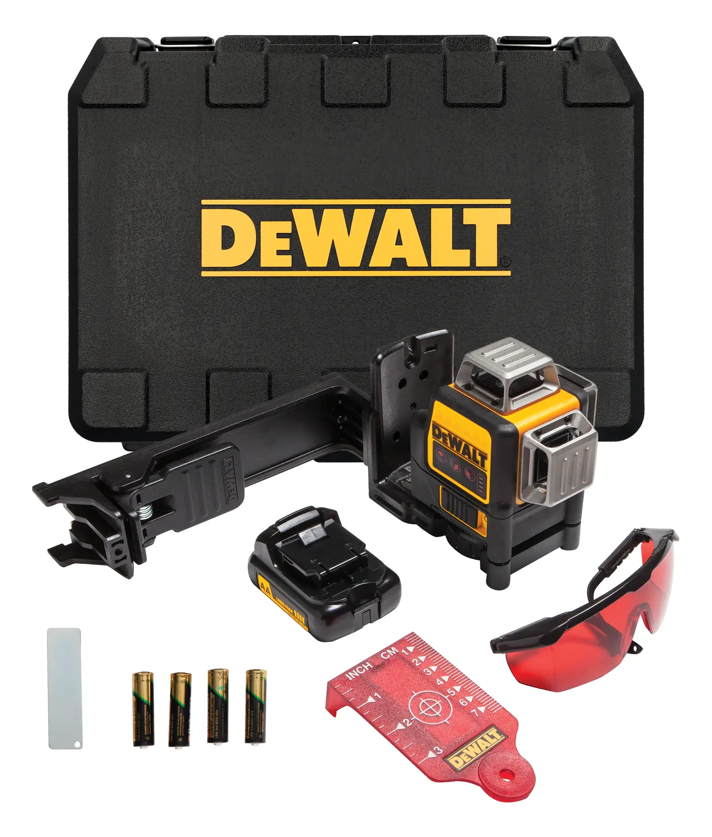 DEWALT laser level kit including a black and yellow laser level device, black carrying case with DEWALT logo, wall mount, battery charger, four AA batteries, red laser target card, red tinted safety glasses, and a small metallic plate.