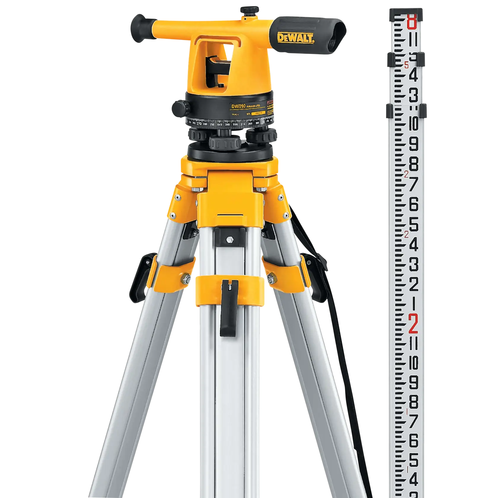 A DEWALT DW090PK photography tool kit featuring a yellow and black optical level mounted on an aluminum tripod, positioned next to a vertical measuring rod with a clear numeric scale.