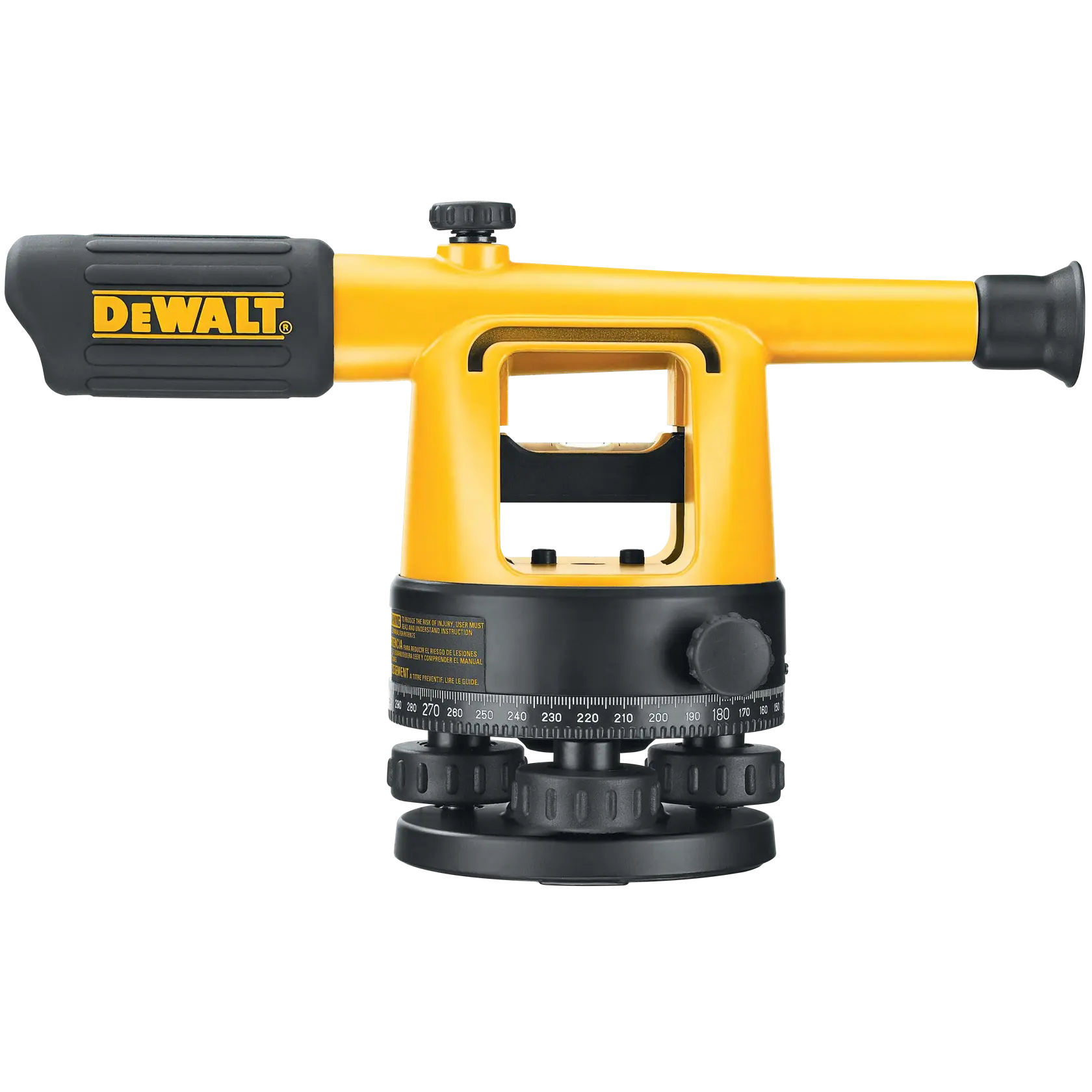 A yellow and black DEWALT automatic level instrument for surveying and photography, featuring adjustable knobs and a horizontal measurement scale.