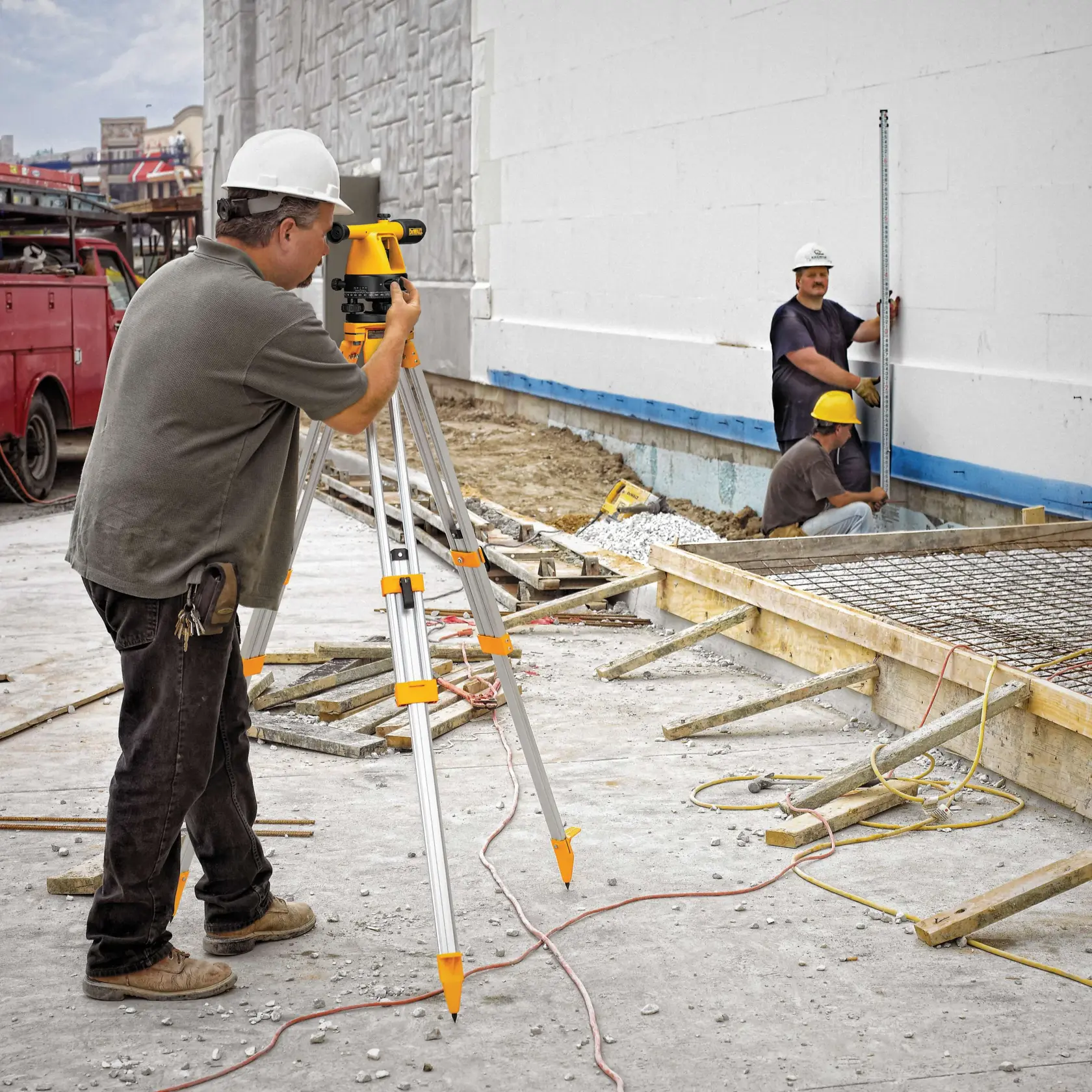 A worker using a yellow DEWALT tripod-mounted leveling instrument for construction surveying at a building site, while two other workers with hard hats are measuring and working against a white wall near a concrete foundation.