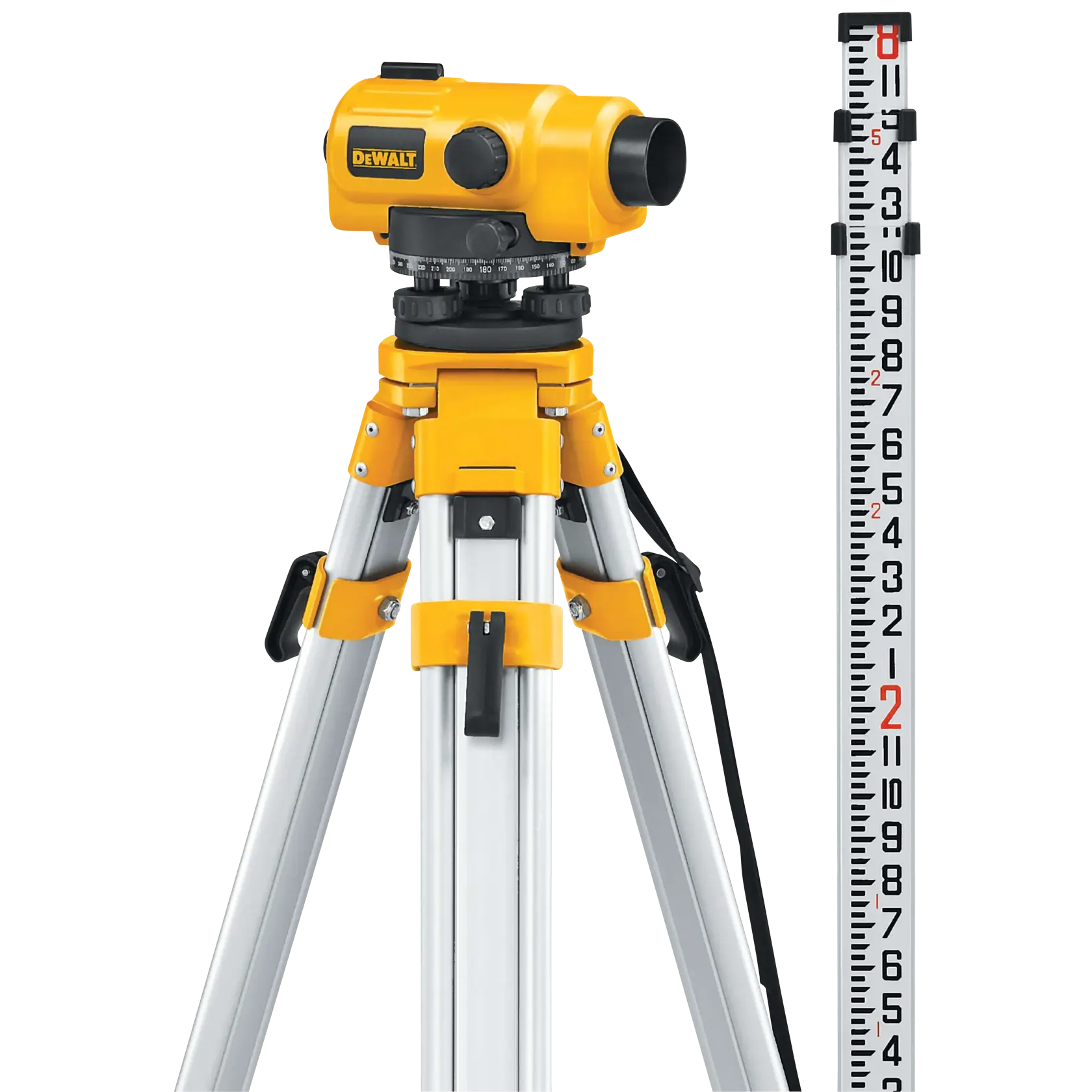A DEWALT automatic level instrument mounted on a yellow and silver tripod, alongside a measuring rod for surveying and leveling applications.