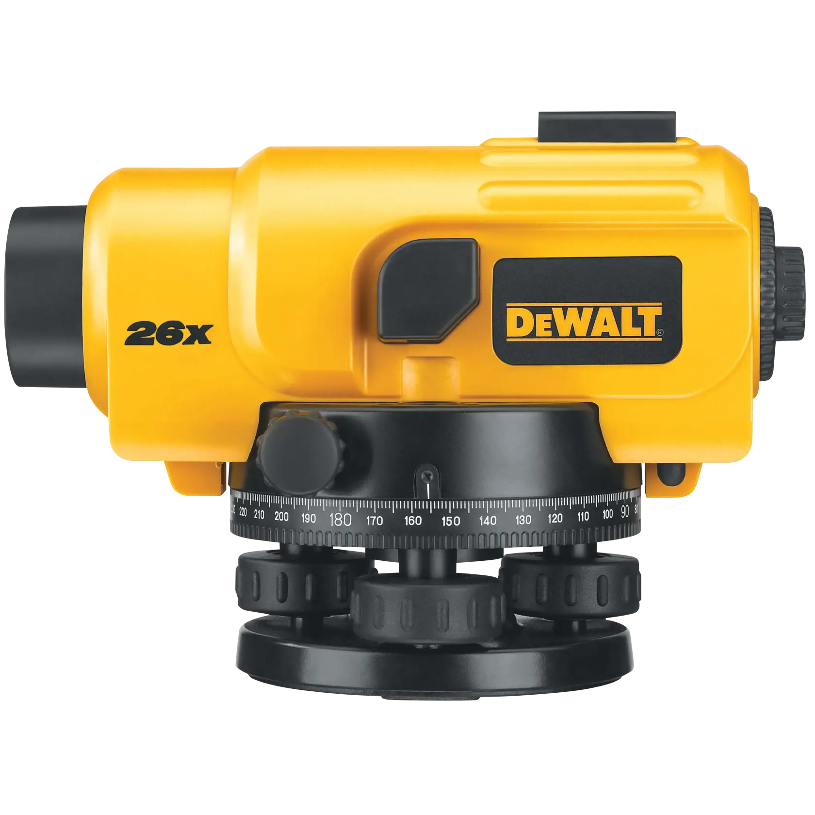 A yellow DEWALT optical level instrument with 26x magnification, used for leveling and surveying tasks. The device has adjustment knobs and a measurement dial.