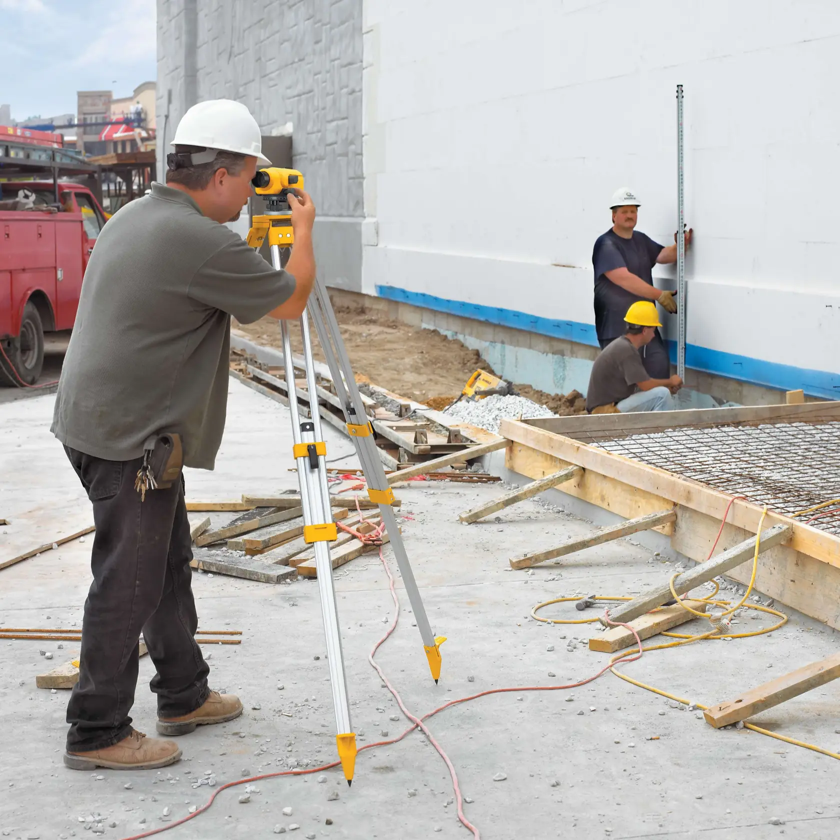 A DEWALT DW096PK surveying instrument with tripod is being used by a construction worker wearing a hard hat, while two other workers are measuring against a building foundation at a construction site.