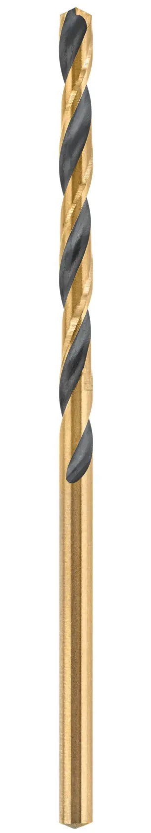 A single gold and black drill bit standing upright against a white background.