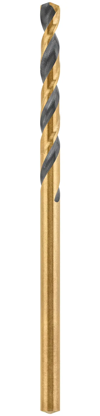 A single metallic twist drill bit, gold and silver in color, designed for use with power tools.