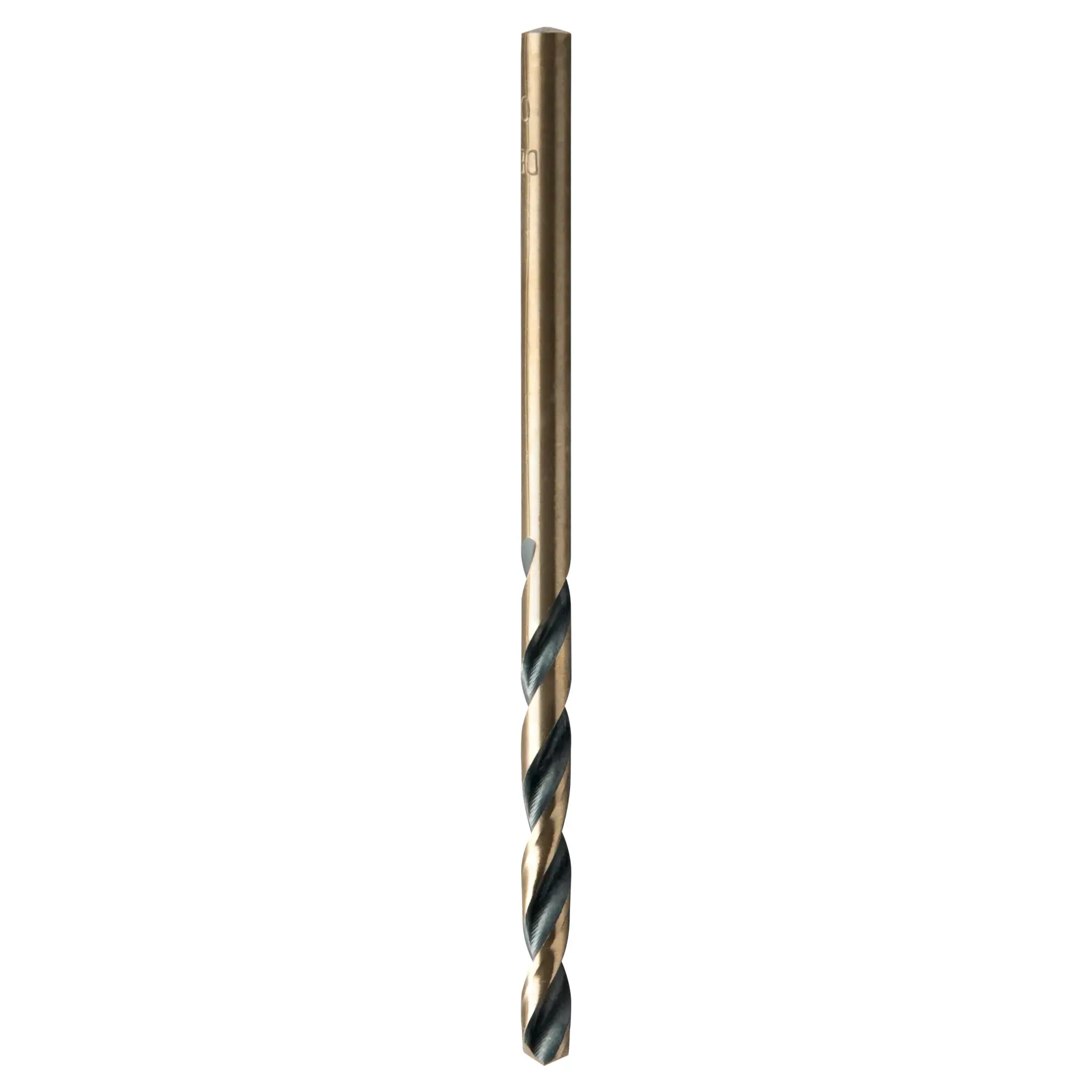 A close-up image of a single DEWALT metal drill bit with a gold and silver finish, displayed vertically against a white background.