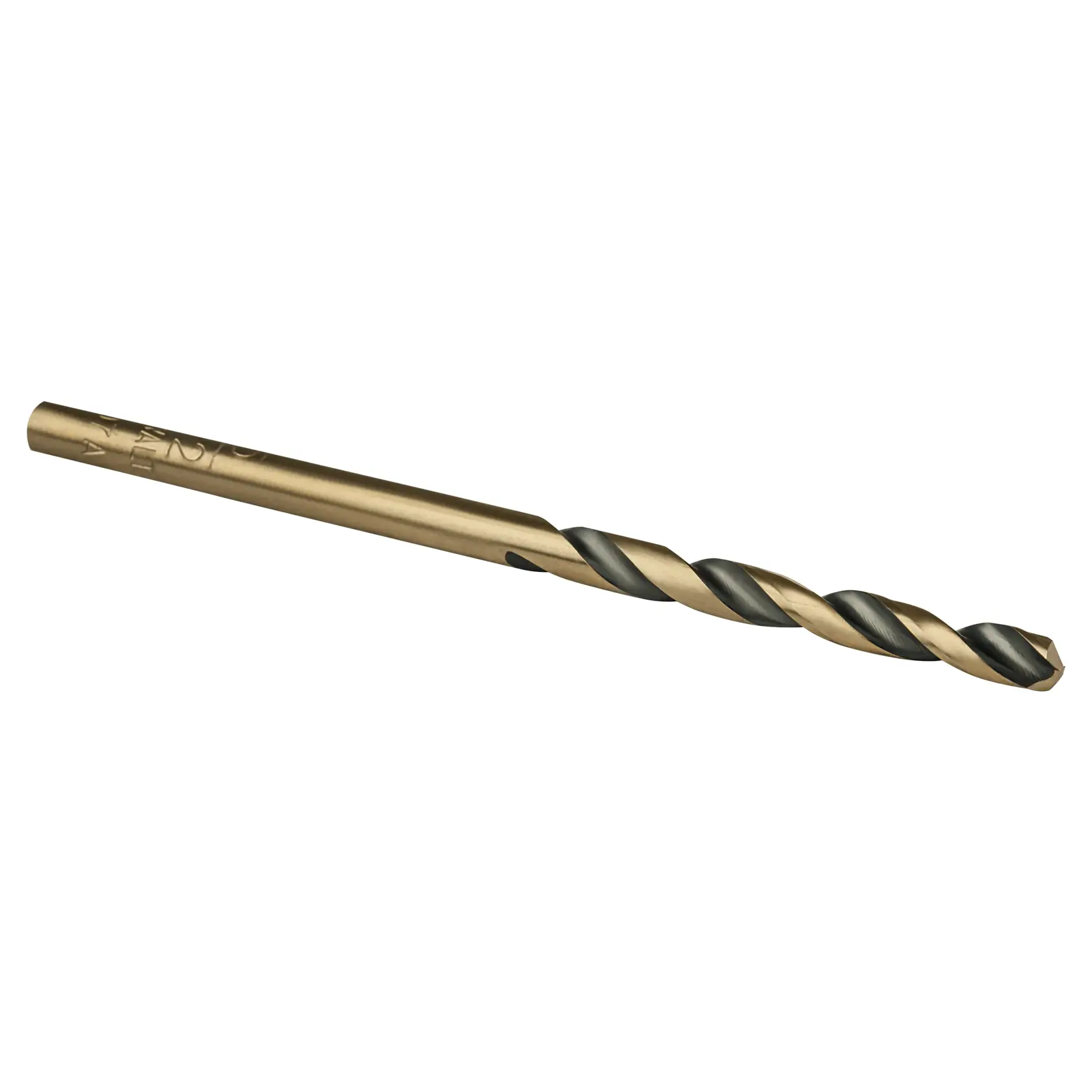 A single metal drill bit with a gold and black finish, shown on a white background.
