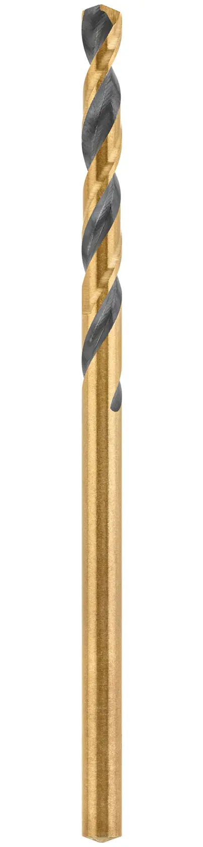 A single metal drill bit with a gold-colored body and silver cutting edges, shown vertically against a white background.
