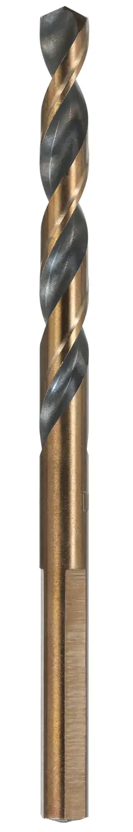 A close-up image of a DEWALT metal drill bit with a gold and black finish, shown vertically against a white background.