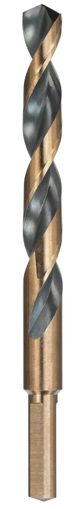 A close-up image of a single metal drill bit with a twisted design and a flat shank, shown against a white background.