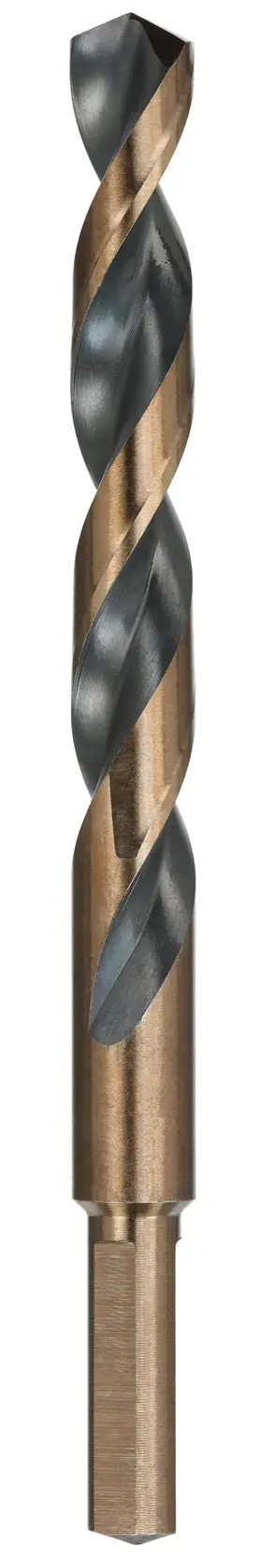A close-up image of a DEWALT metal drill bit with a bronze and black spiral design.