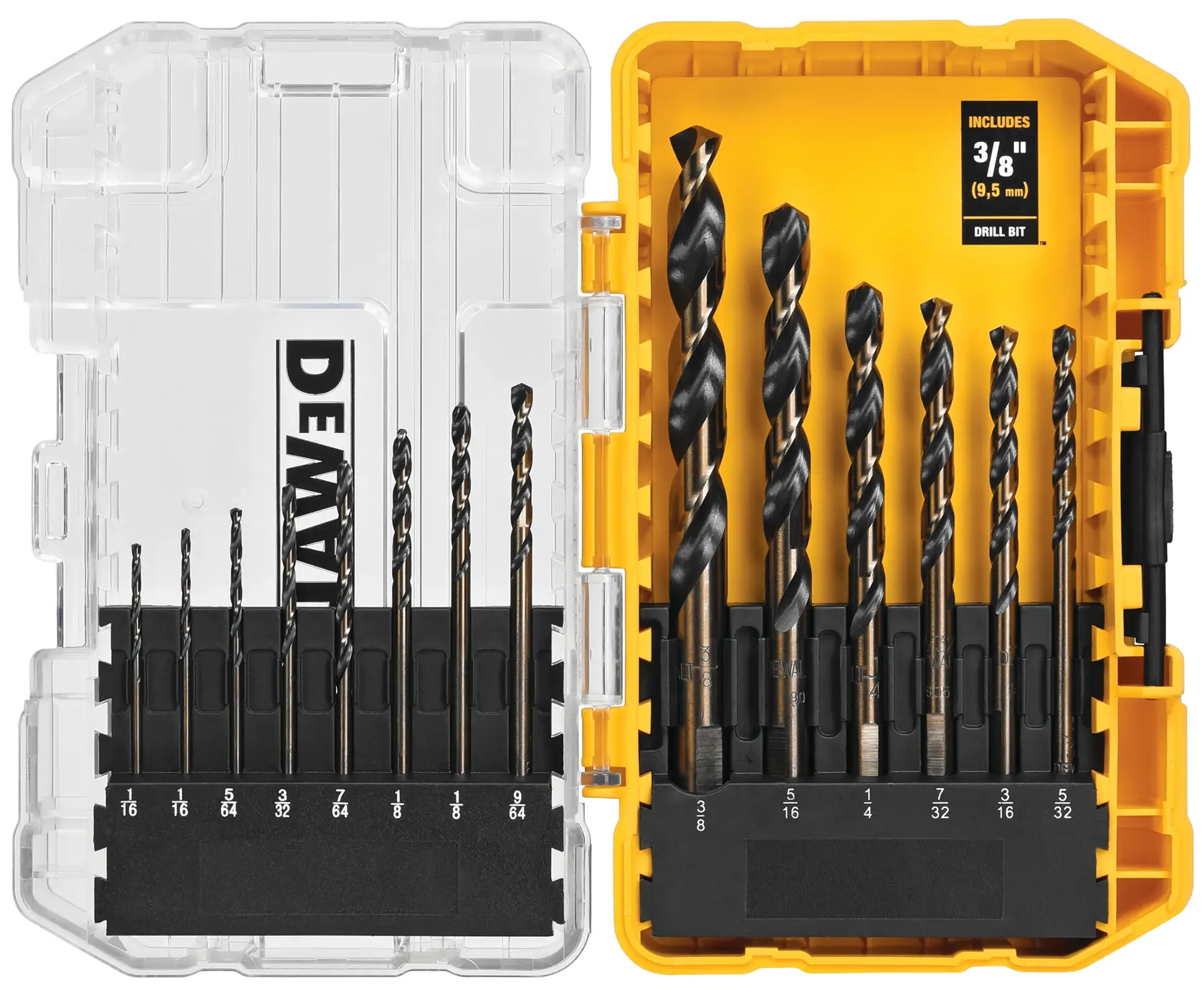 A DEWALT-branded drill bit set in a yellow and clear plastic case, showing various sizes of black drill bits neatly organized in two rows, with sizes labeled on the holder.