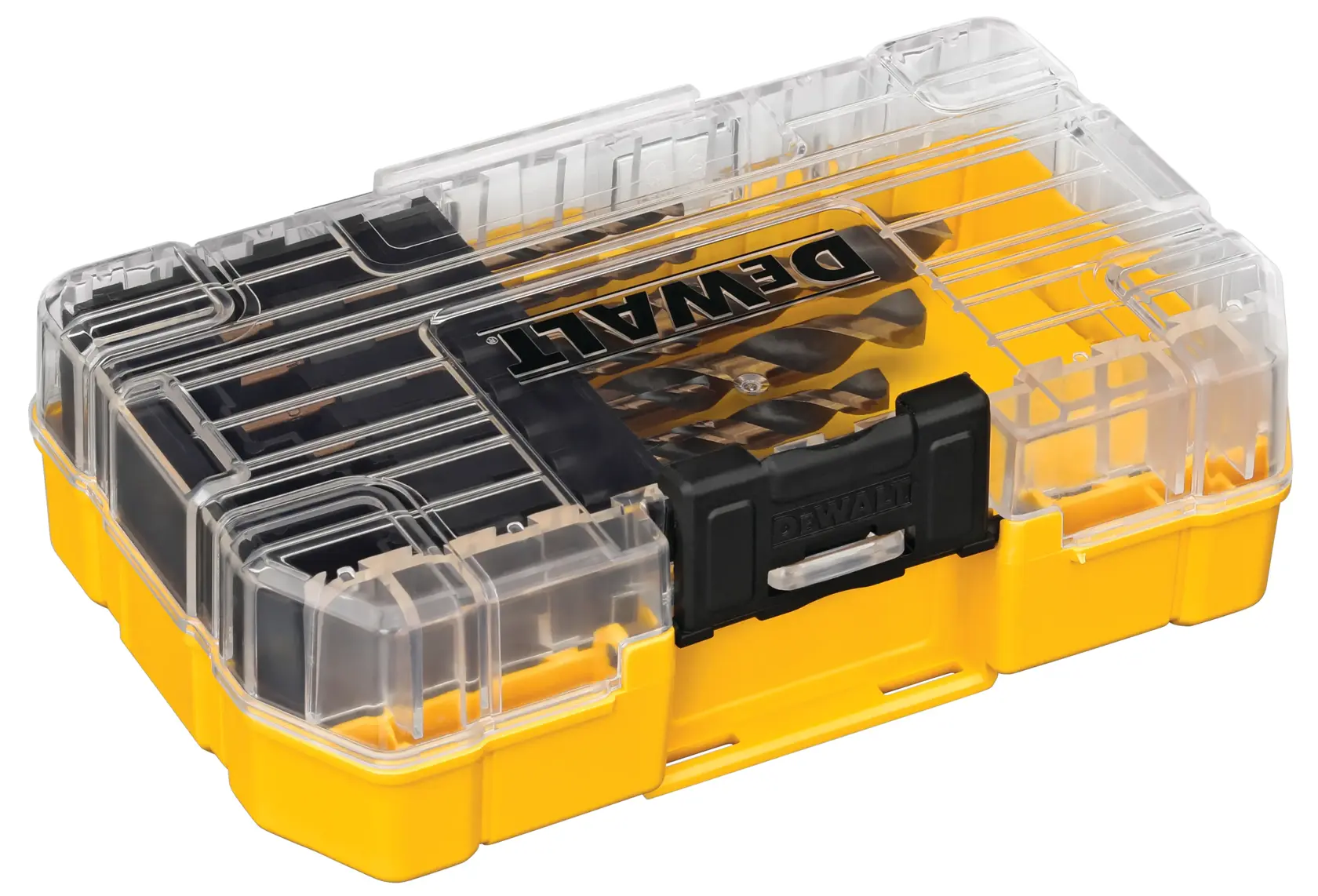 A DEWALT branded yellow and black plastic carrying case with a transparent lid, containing a set of drill bits organized inside.