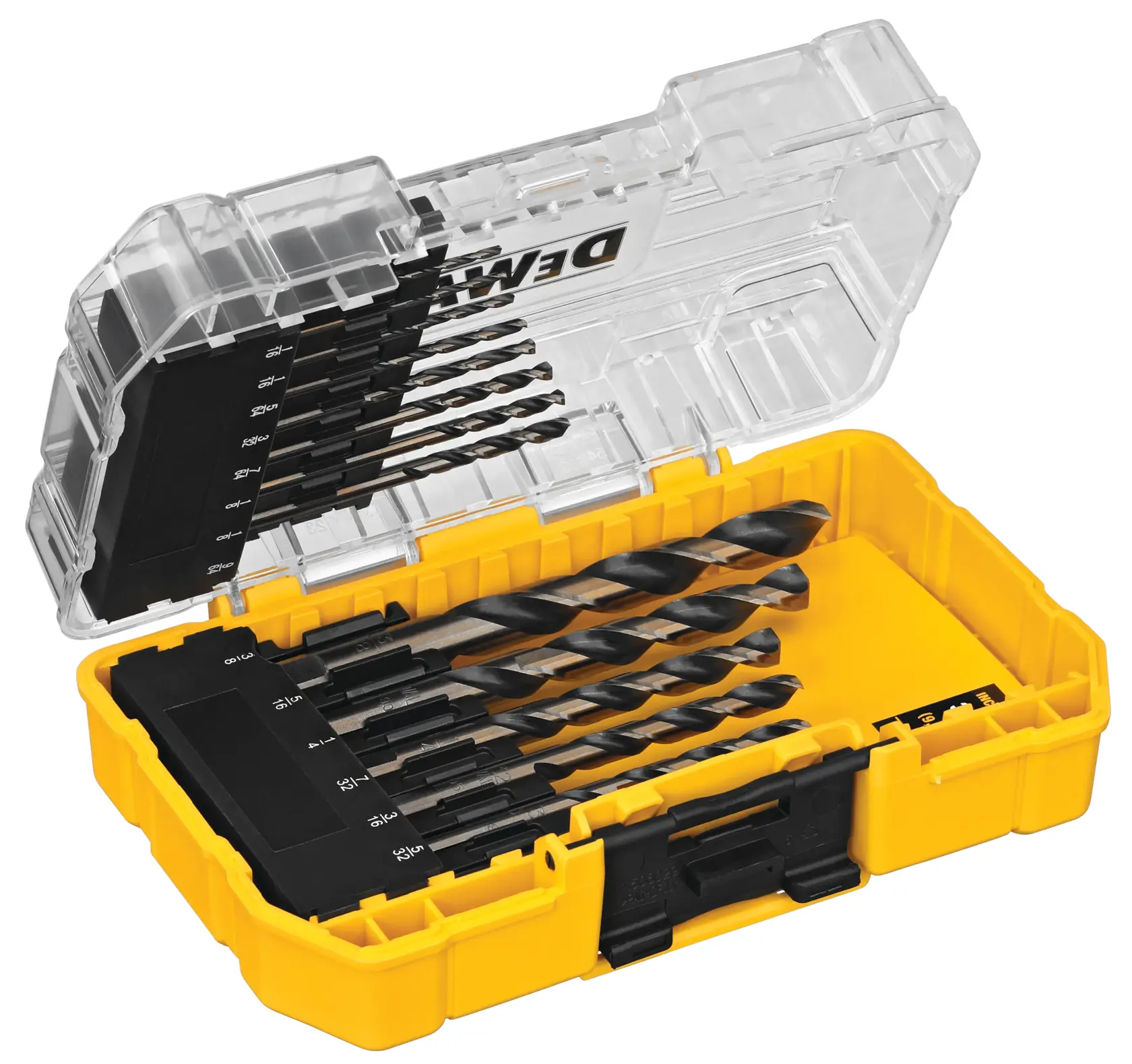 A yellow and black plastic case containing a set of various sized drill bits, with a transparent lid displaying the DEWALT logo.