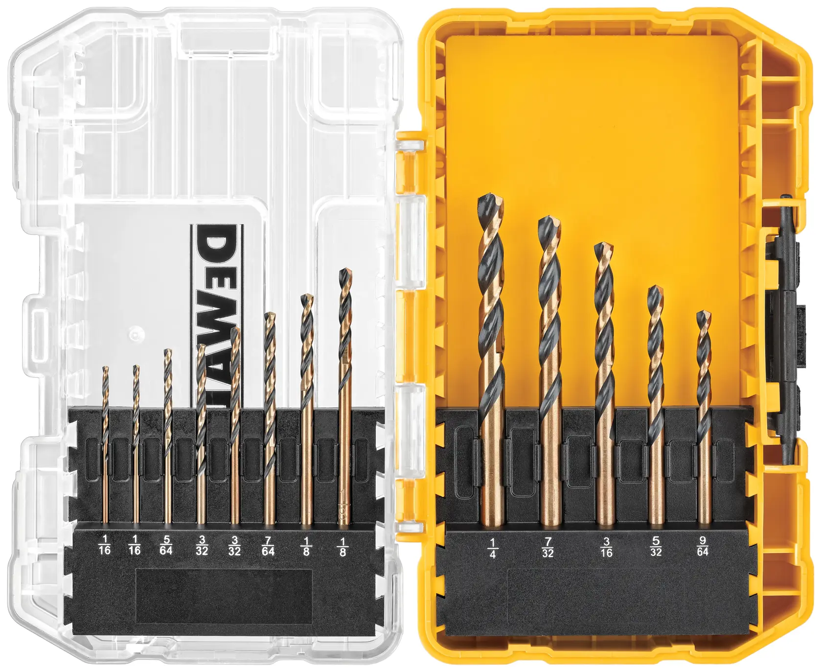 A DEWALT drill bit set in an open plastic case, showing thirteen different-sized drill bits organized in two rows. The left side of the case is clear with the DEWALT logo, and the right side is yellow.