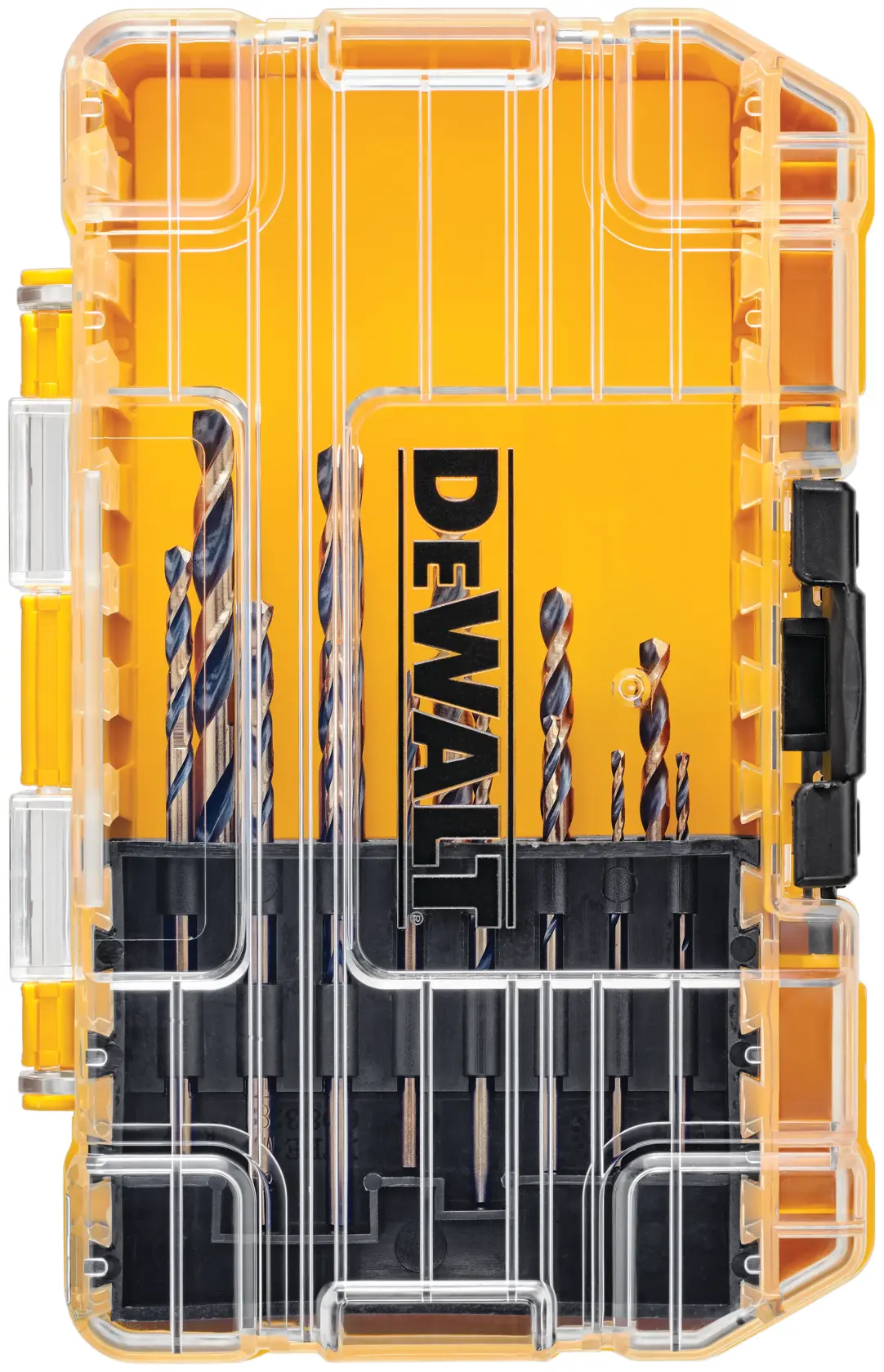 A clear plastic case containing a set of DEWALT drill bits arranged vertically. The yellow background has the DEWALT logo, and several metal drill bits of various sizes are securely held inside.