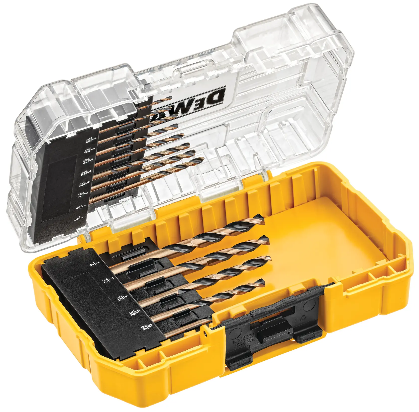 A set of DEWALT metal drill bits arranged in a yellow plastic case with a transparent lid. The bits are organized by size and secured in slots.