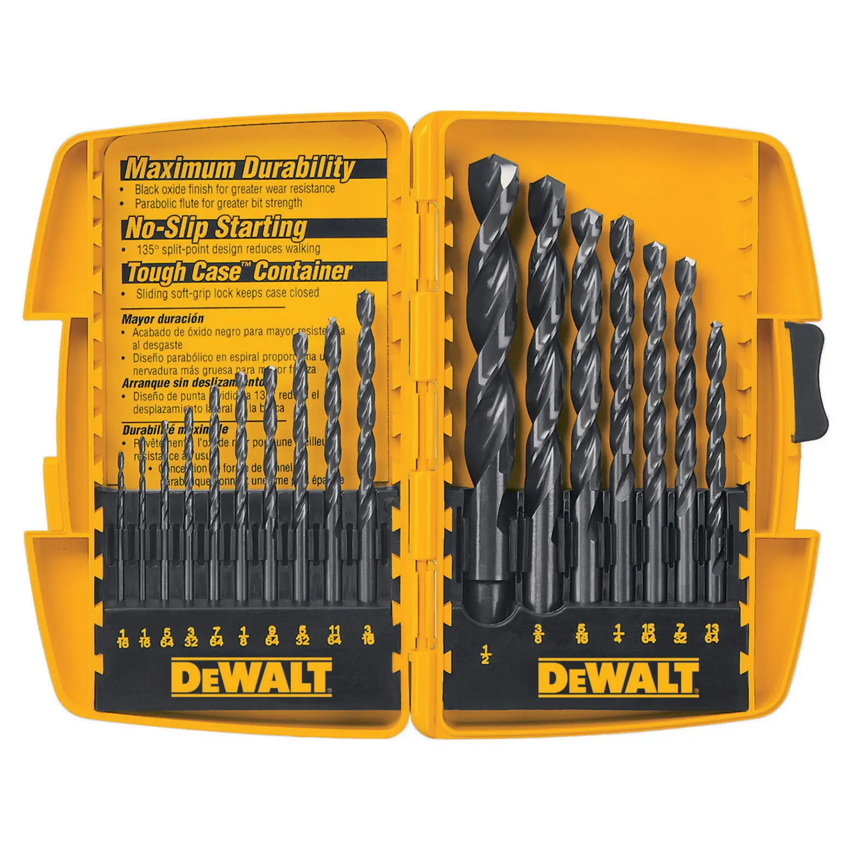 A yellow DEWALT branded plastic case open to show a set of 16 black oxide drill bits of various sizes neatly organized in rows. The inside lid displays product features in English and Spanish, including durability and secure container locking.