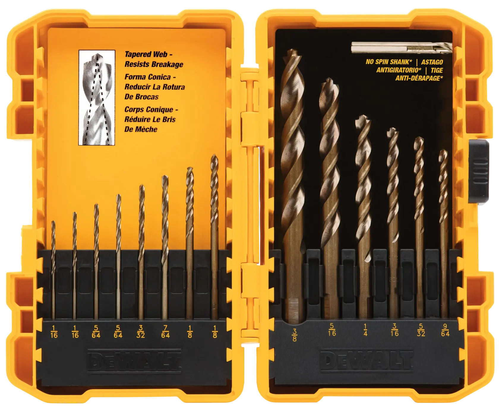 A DEWALT branded yellow plastic case containing a set of assorted drill bits, with black holders and measurement labels for each bit. The left side of the case shows sizes ranging from 1/16 to 1/8 inch, and the right side contains larger bits up to 3/8 inch. The case interior features product information about tapered web and no spin shank design in multiple languages.
