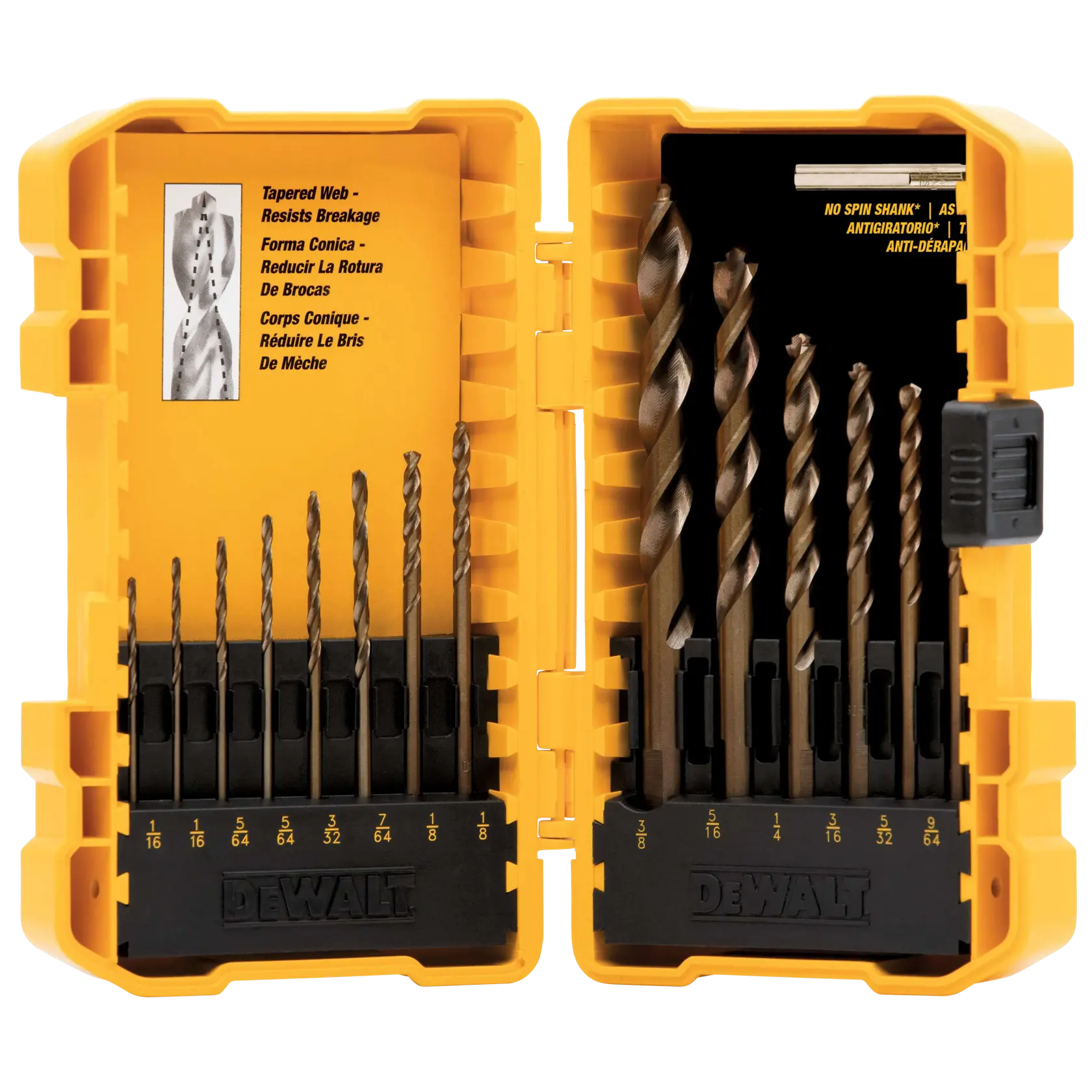 A yellow DEWALT branded hard case containing a set of drill bits in various sizes, organized in two rows inside the case. The left side of the case displays smaller drill bits and some text about tapered web design, while the right side holds larger drill bits with 'NO SPIN SHANK' labeling visible on the insert.