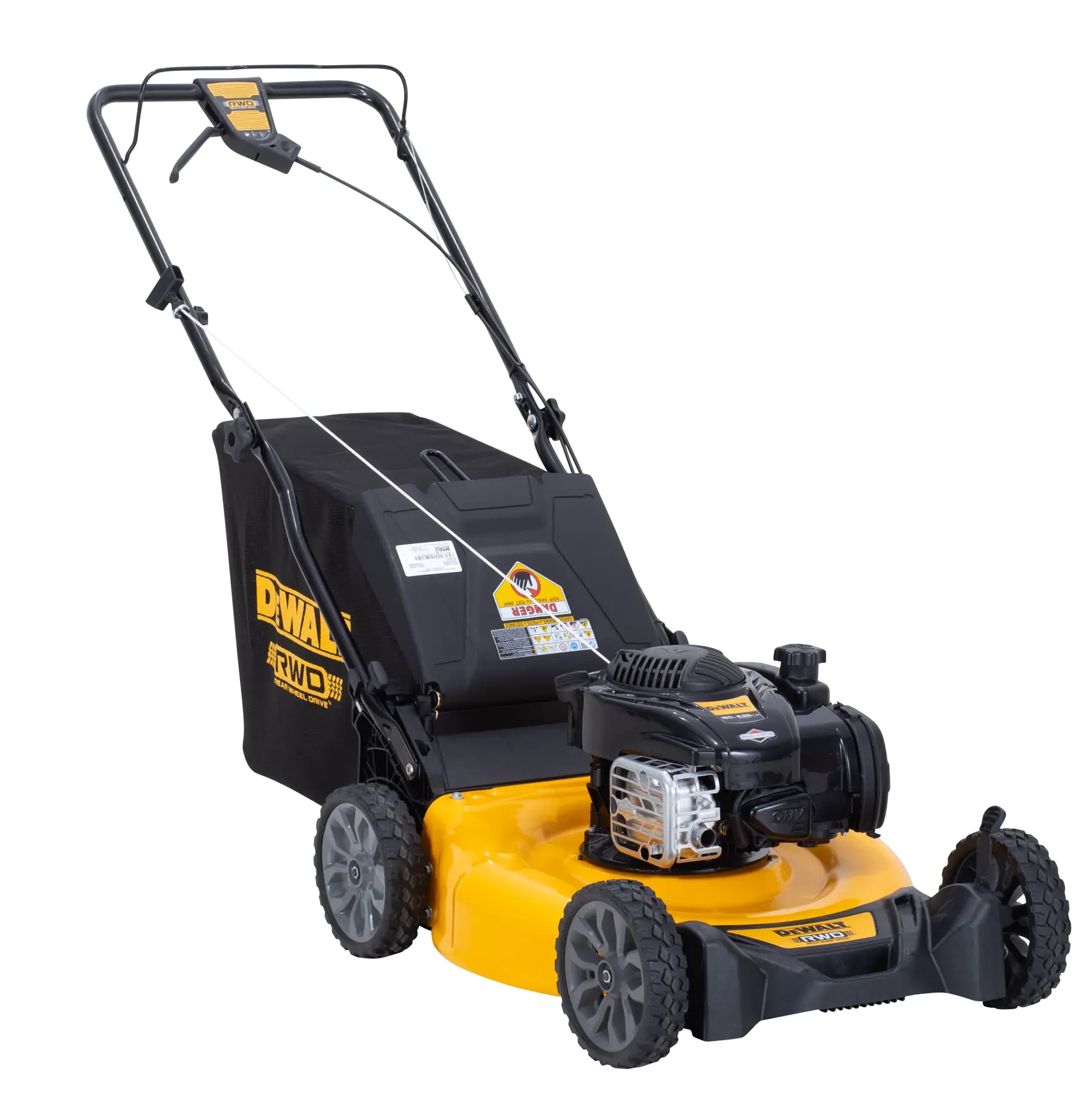A DEWALT branded lawn mower with a yellow and black design, featuring a rear-wheel drive system and a grass collection bag at the back.