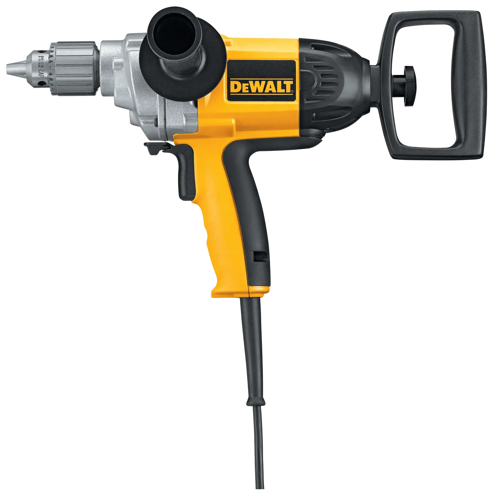 A DEWALT electric drill, model DW130V, with a yellow and black body and side handle. The drill is corded and designed for heavy-duty use.