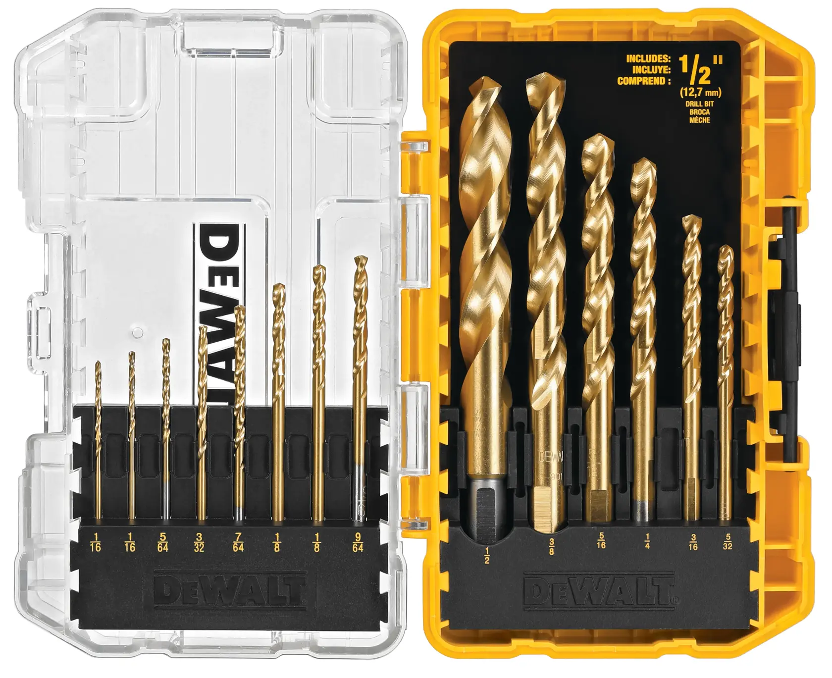 A DEWALT branded set of drill bits in a yellow and transparent plastic case. The set contains multiple sizes of gold-colored drill bits, neatly arranged in black holders, with size markings visible under each bit.