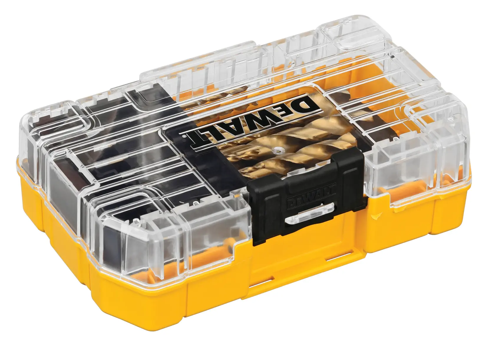 A DEWALT branded yellow and black plastic storage case with a transparent lid, used for organizing drill accessories.