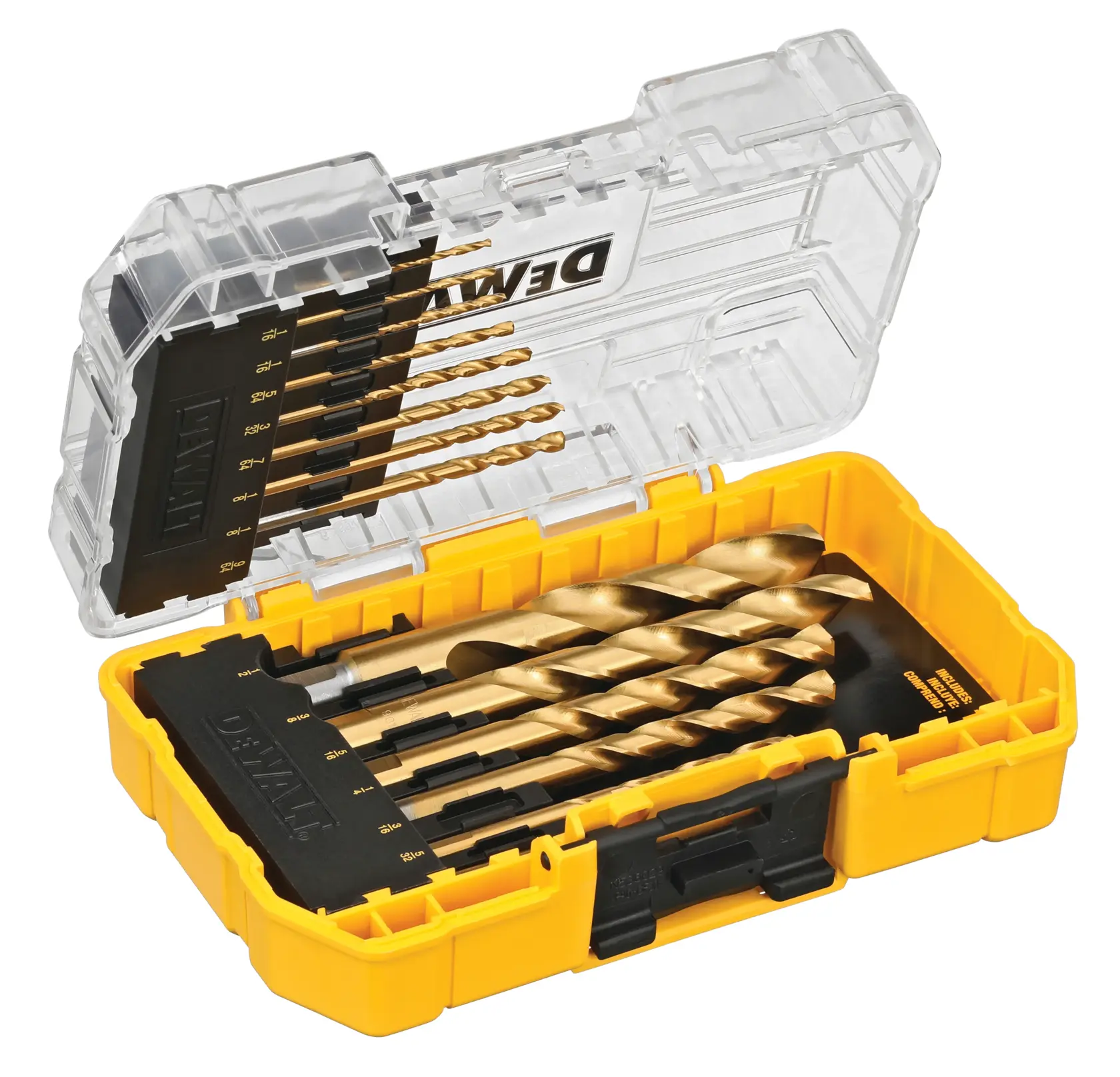 A set of DEWALT drill bits in various sizes, neatly arranged in a yellow plastic case with a clear lid.