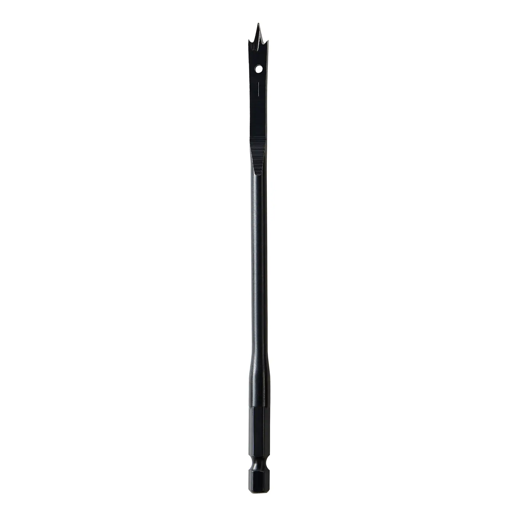 A DEWALT long black spade drill bit with a hex shank and pointed tip, shown against a white background.