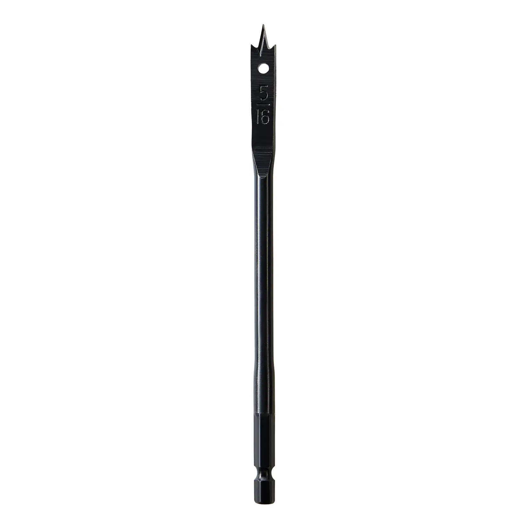 A DEWALT flat spade drill bit with a hex shank, labeled 5/16, designed for drilling into wood.
