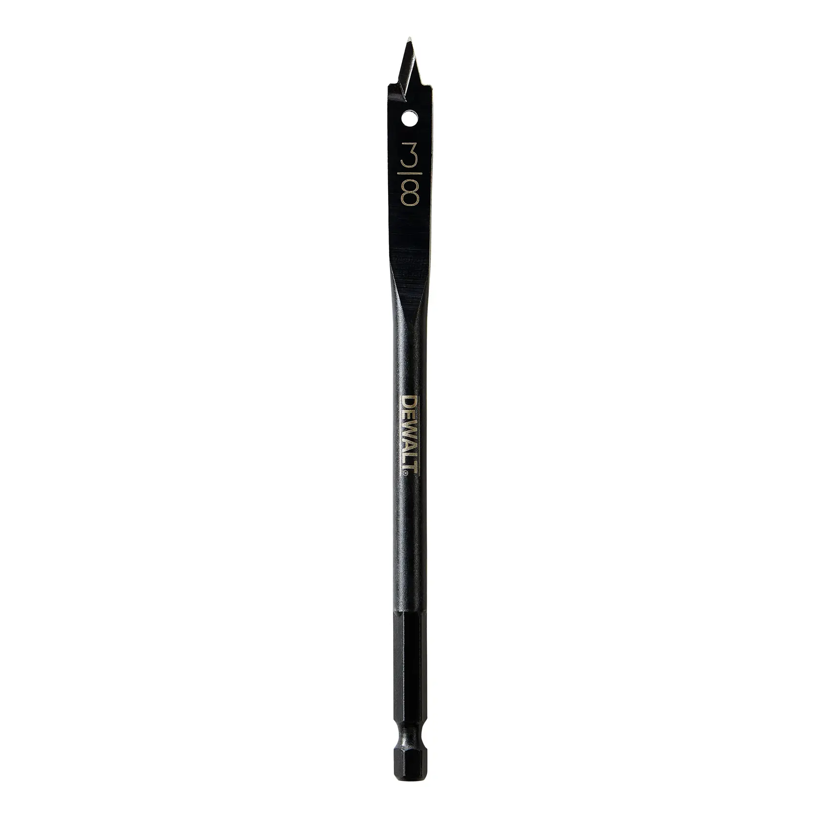 A DEWALT flat spade drill bit, labeled DW1572, designed for drilling large holes in wood. The bit is black with a hex shank and a sharp, pointed tip.
