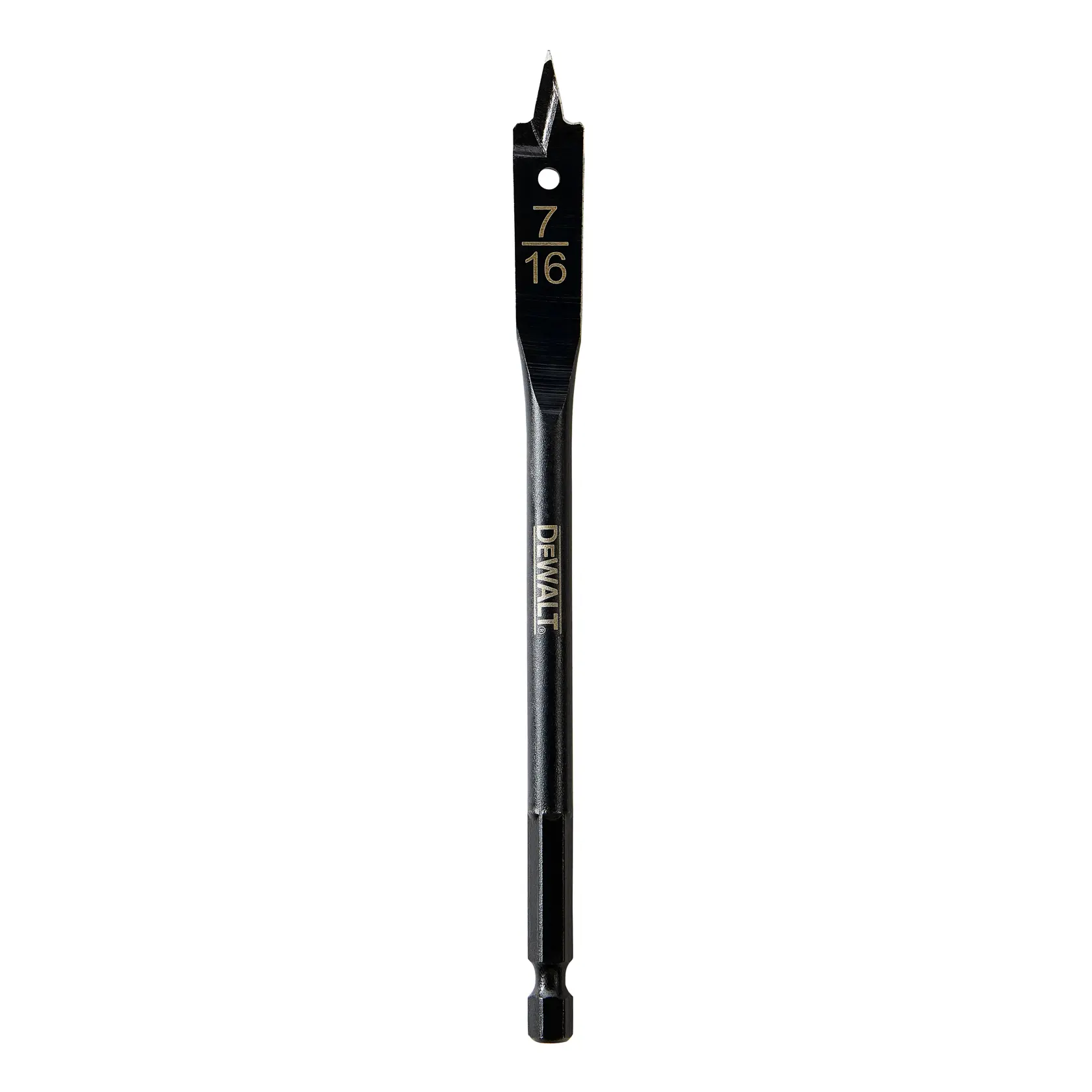 A DEWALT 7/16 inch flat wood drill bit with a hex shank, designed for drilling holes in wood.